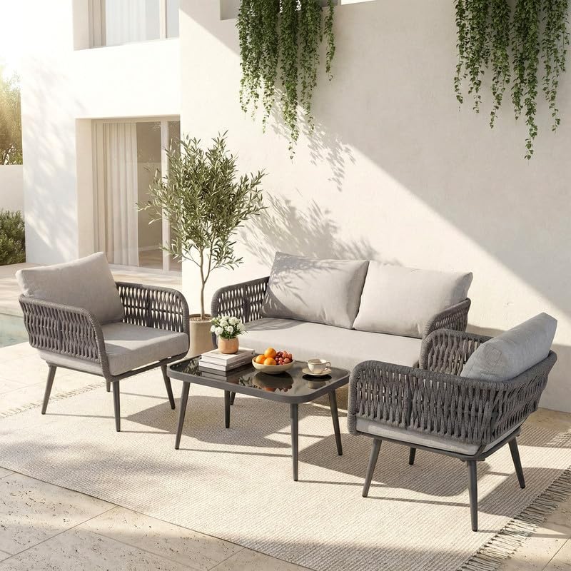 Image of BRISHI Outdoor Sofa Set || Balcony Sofa || Patio Furniture Sets | Conversation Sets | Braid & Rope Garden Seater Sofa Set and Center Table (4 Seater Grey)