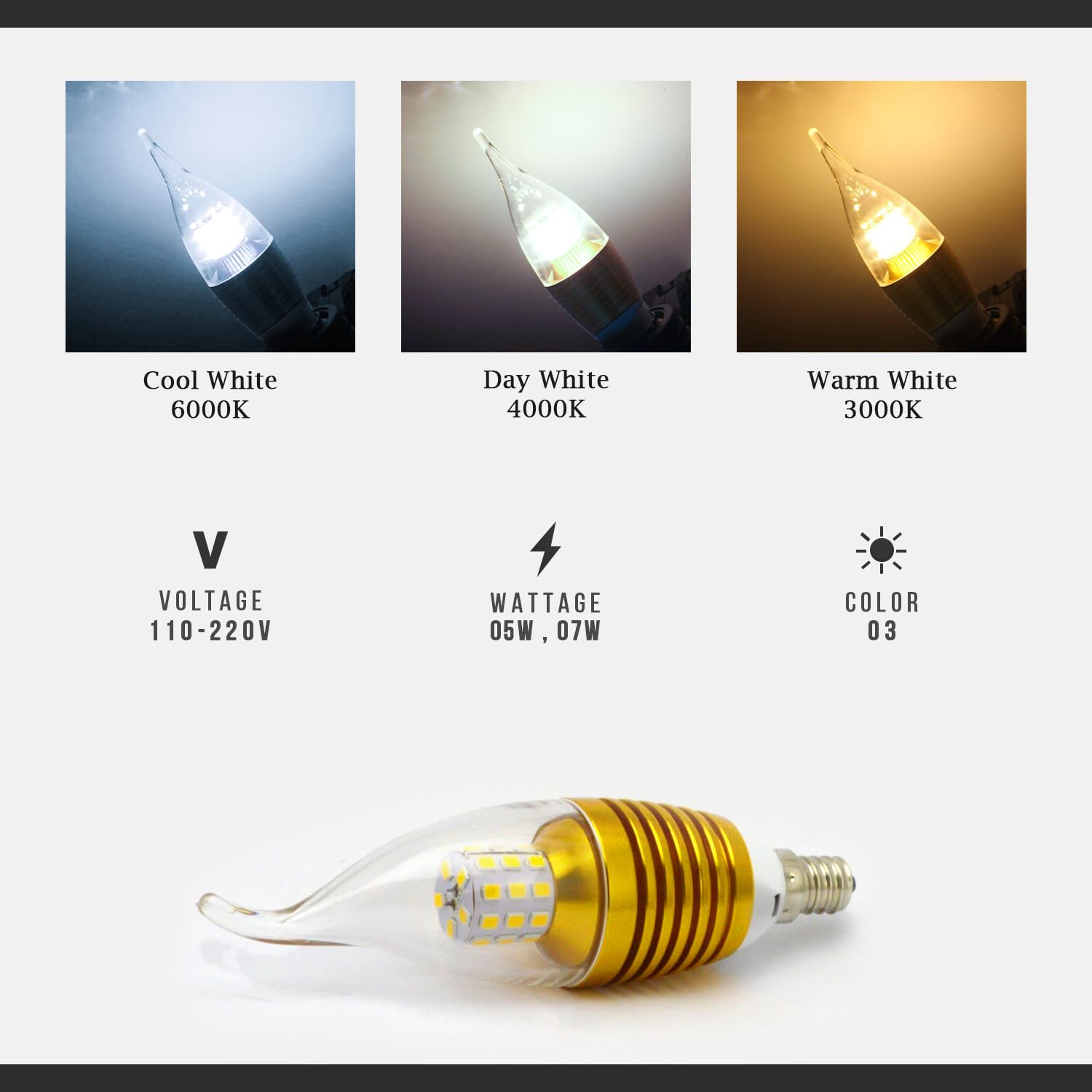 Bombilla LED para candelabro, base E14, bombilla LED para candelabro, punta doblada de llama de vela, 5 W, 110-220 V, luz fría de 3 colores (5 W)