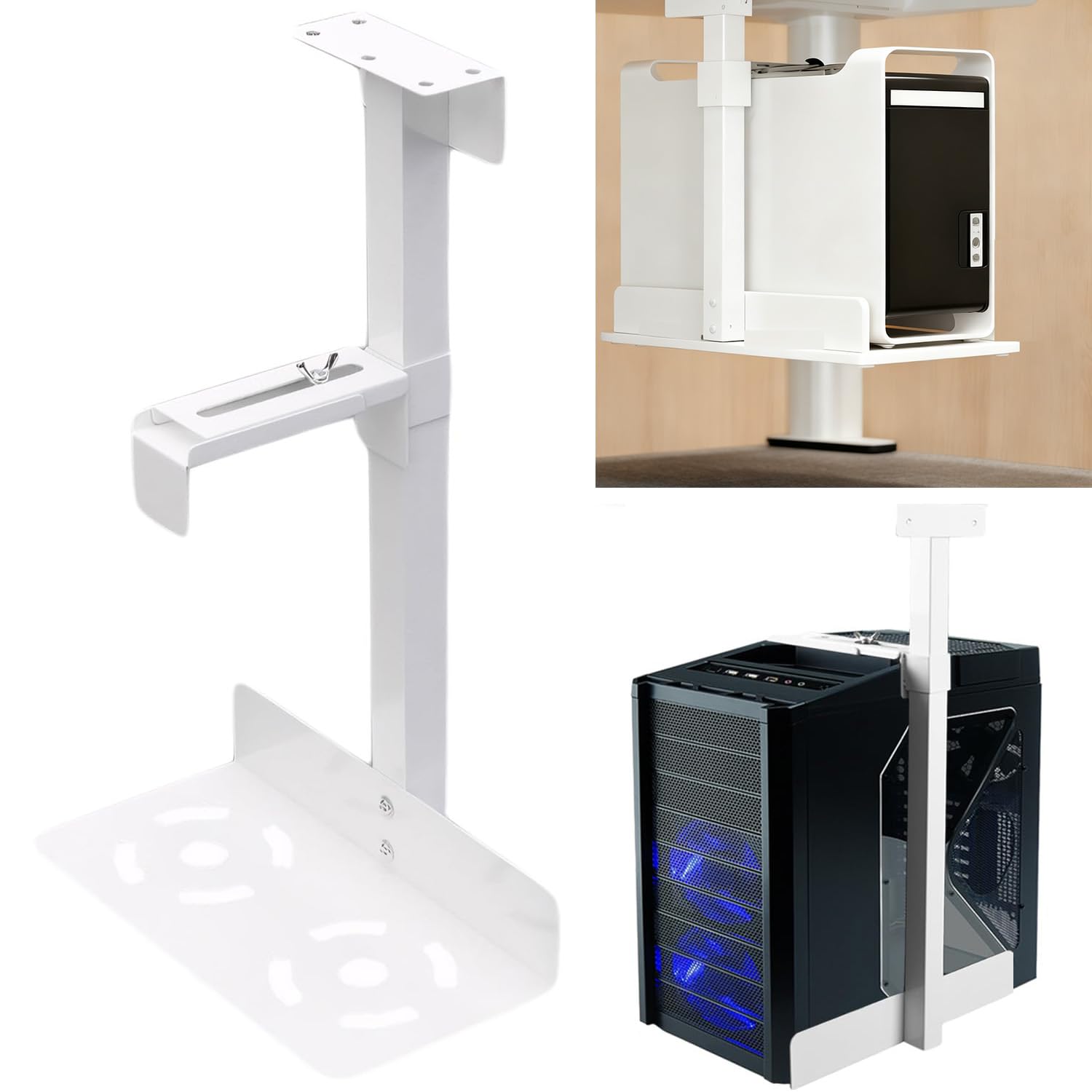 Uchwyt pod biurko, regulowany stojak na PC, 50-530 mm, uchwyt ścienny do komputera, ze stali węglowej, uchwyt na biurko do większości obudów komputerowych, maksymalna nośność 35 kg (biały)