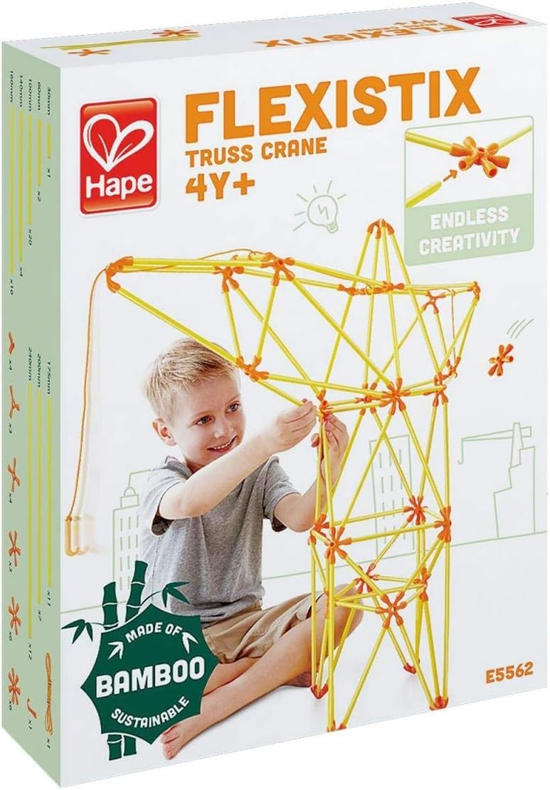 Hape Flexistix Truss Crane Bamboo Construction Kit – 93 Pieces | Build a Working Crane with Hoist or Create Your Own Machines | Eco-Friendly Bamboo STEM Toy for Ages 4+