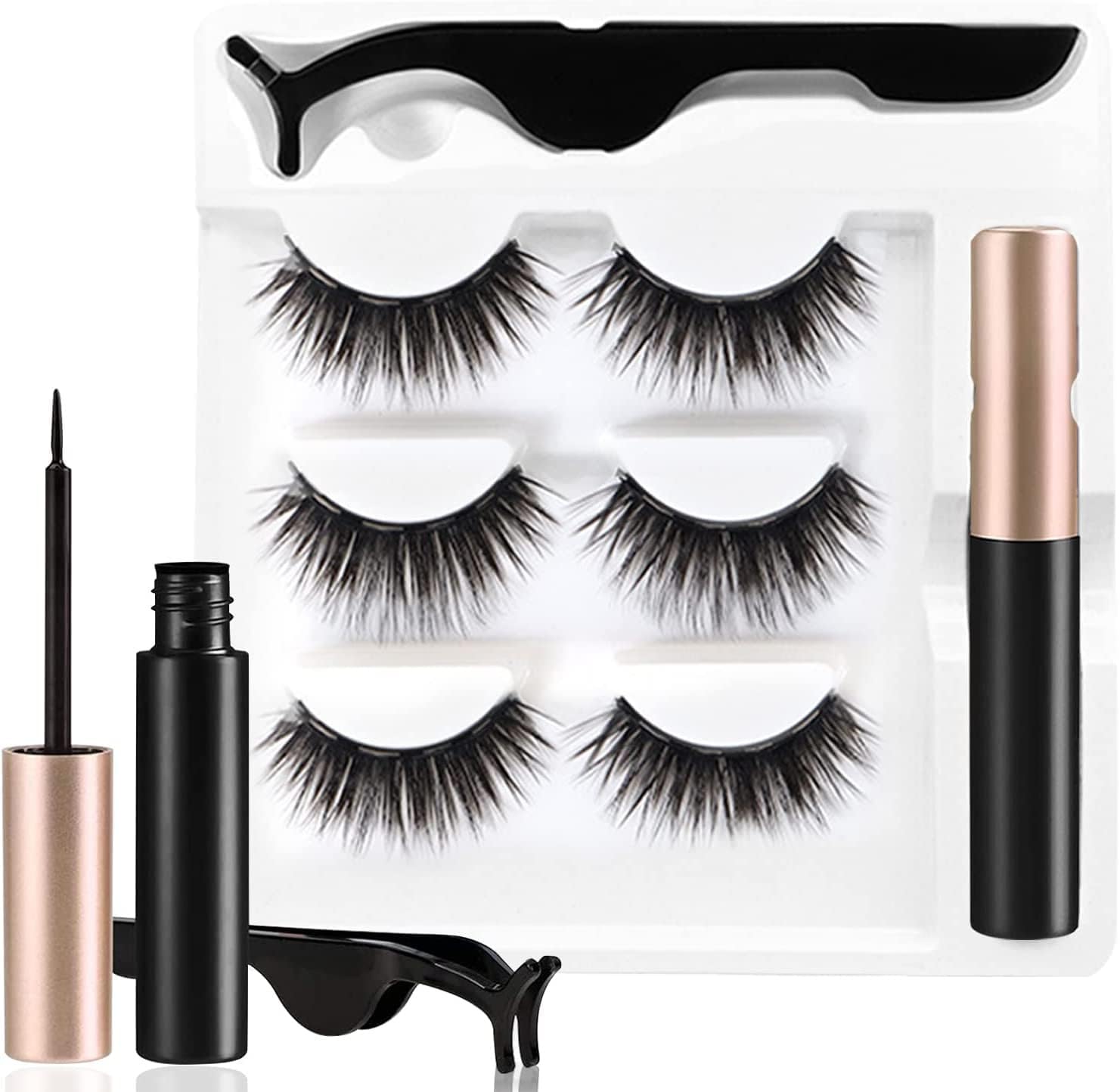 Shopfleet 3 Pairs Magnetic False Eyelashes - Reusable Fake Eyelashes with Eyeliner and Tweezer - Artificial Eye Lashes for Women-image-1