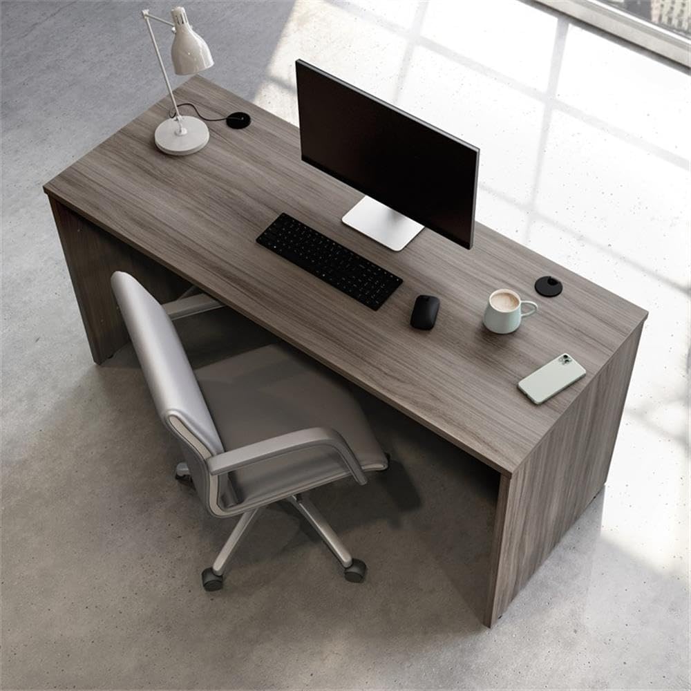 Pemberly Row Engineered Wood Computer Desk, Elm/Brown Finish, 60" x 24", Durable 1" Thick Top, Scratch Resistant Surface, Cord Management Grommets, Adjustable Levelers, Professional Office Desk