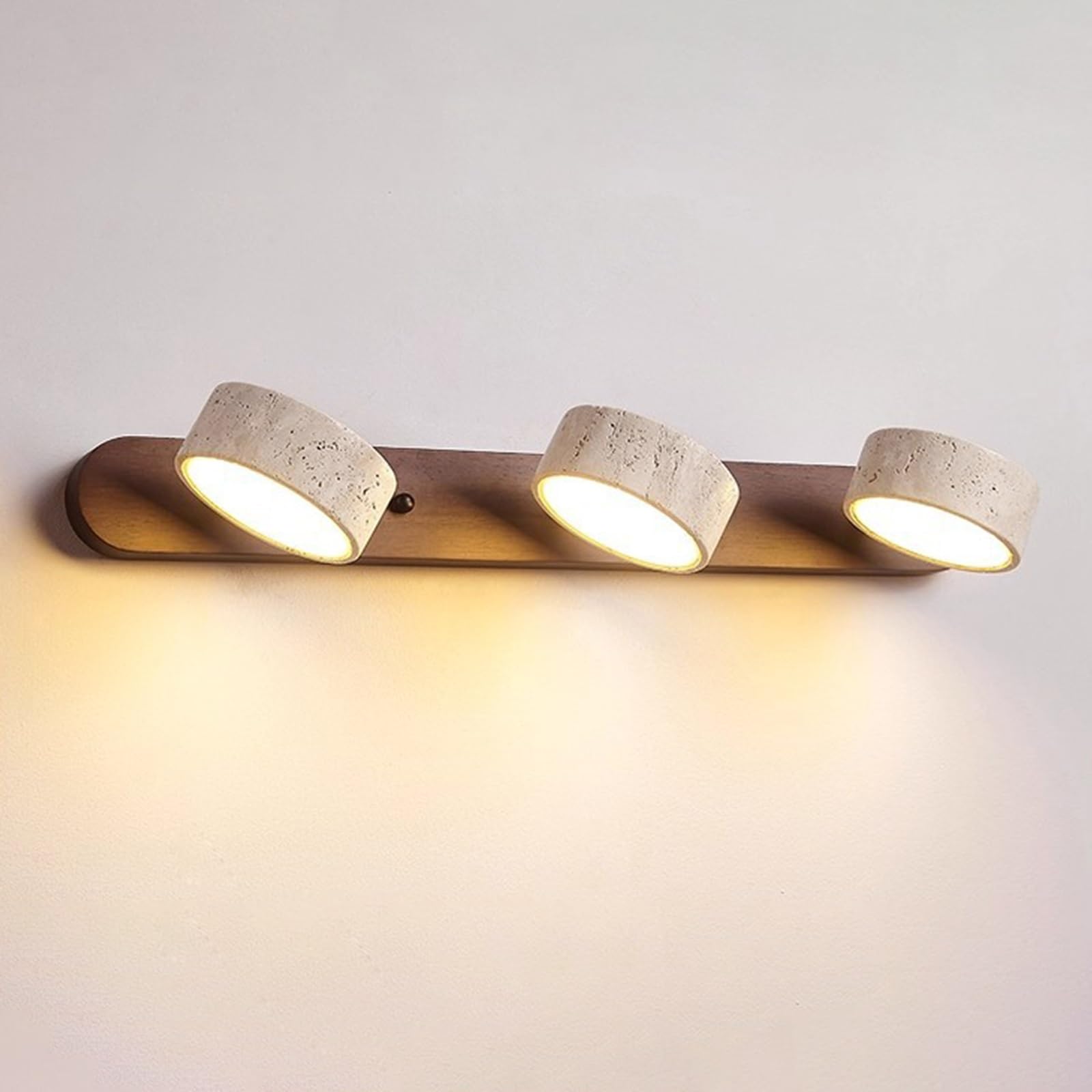 RXPVUXE Natural Travertine Stone LED Vanity Light, 2/3/4-Lights Bathroom Light Fixtures for Over Mirror, Farmhouse Wood Linear Wall Sconce, 180° Rotatable Marble Wall Lamp(Walnut,3-Lights)