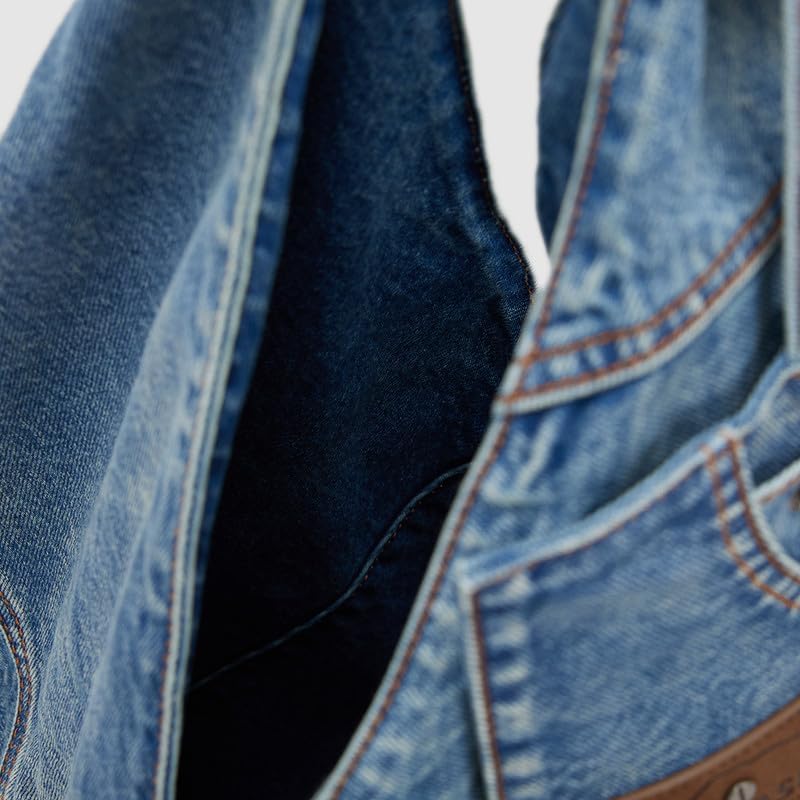 URBAN REVIVO Women Tote Shoulder Bag Large Capacity Denim with Leather Accents for Daily Commute and Dating - Image 6