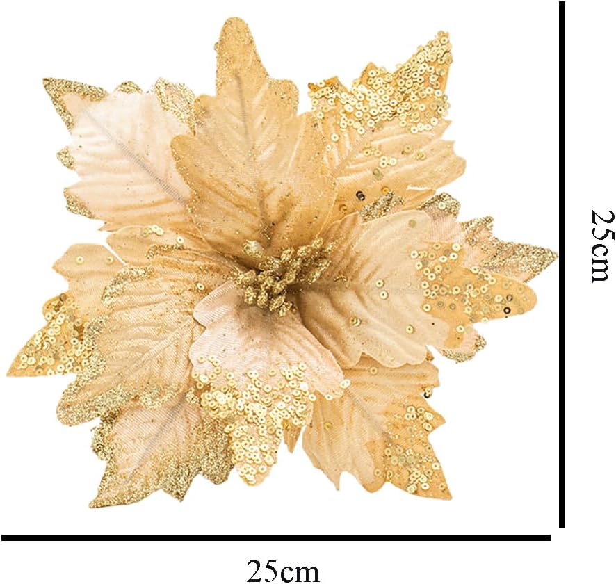vctops 10 Pcs Artificial Poinsettia Flowers Christmas Tree Wreath Ornaments Glitter Artificial Flower for Xmas New Year Wedding Party Holiday Garlands Decoration, Gold