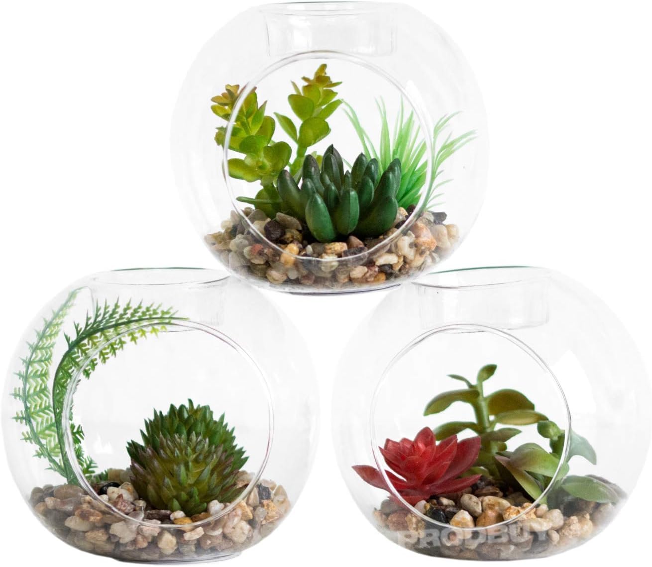 Darthome Clear 3 X Glass Tea Light Candle Holders Artificial Fake Succulent House Plants Cactus