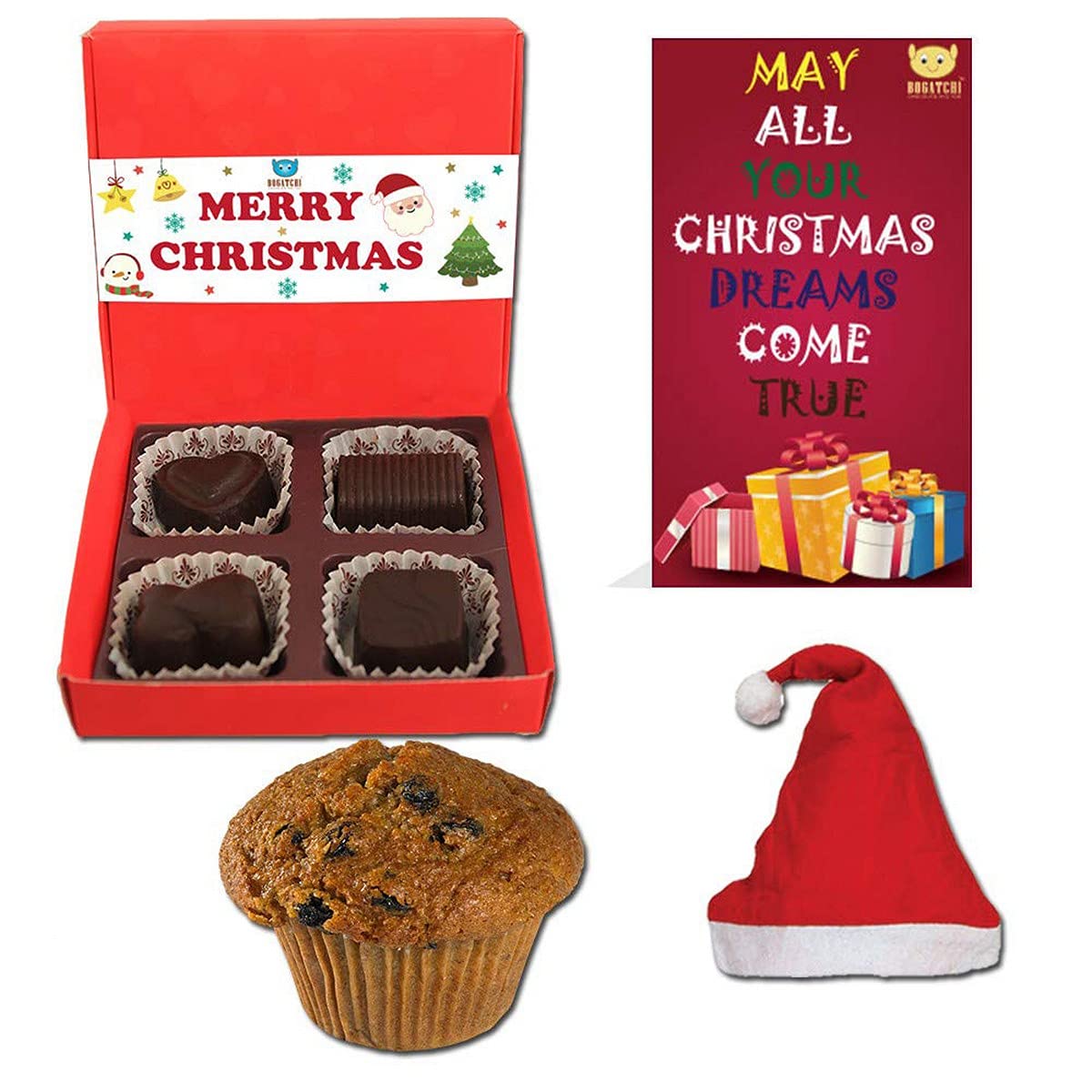 BOGATCHI Christmas Premium Gift Set, Christmas Plum Cake (40g), Christmas Dark Chocolates Box + Free Santa Cap + Free Merry Xmas Card