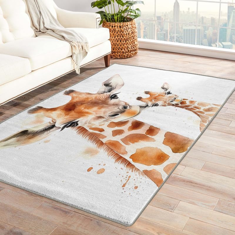 Washable Rugs for Living Room Bedroom, Giraffe Rug & Home Decor, Animal Area Rug 4x6, Non Slip Soft Low Pile Non-Shedding Indoor Carpet, Decorative