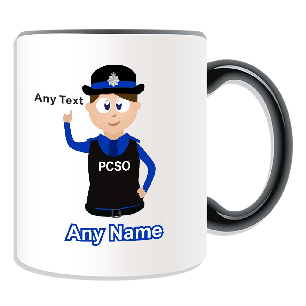 Unigift Black Personalised Gift - Police Community Support Officer Mug (Police Design Theme, Colour Options) - Any Name/Message On Your Unique - Pcso - Brown/Brunette Hair Policewoman Hat Cap
