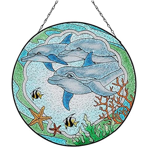 POXOHO Dolphin Stained Glass Window Hanging, 12" Hand Painted Stained Glass Panels, Sun Catcher Panel with Metal Chain, Home Decor Art Gift for Parent, Friend, Teacher Cover