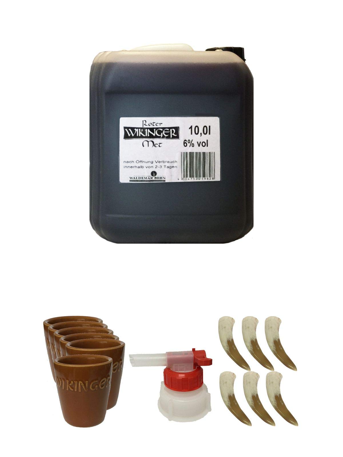 Roter Wikinger Met 10 Liter Kanister + Tonbecher 6er Set + Ausgießer + Trinkhörner 0,1 Liter