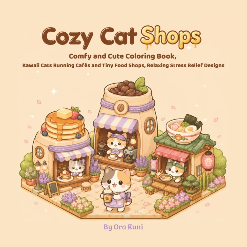 Cozy Cat Shops: Comfy and Cute Coloring Book, Kawaii Cats Running Cafés and Tiny Food Shops, Relaxing Stress Relief Designs