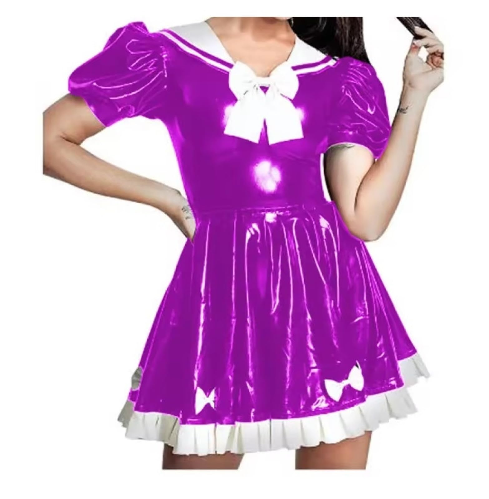 Abito a maniche corte, pelle lucida in PVC, collare da marinaio, uniforme cosplay, abiti con fiocco,