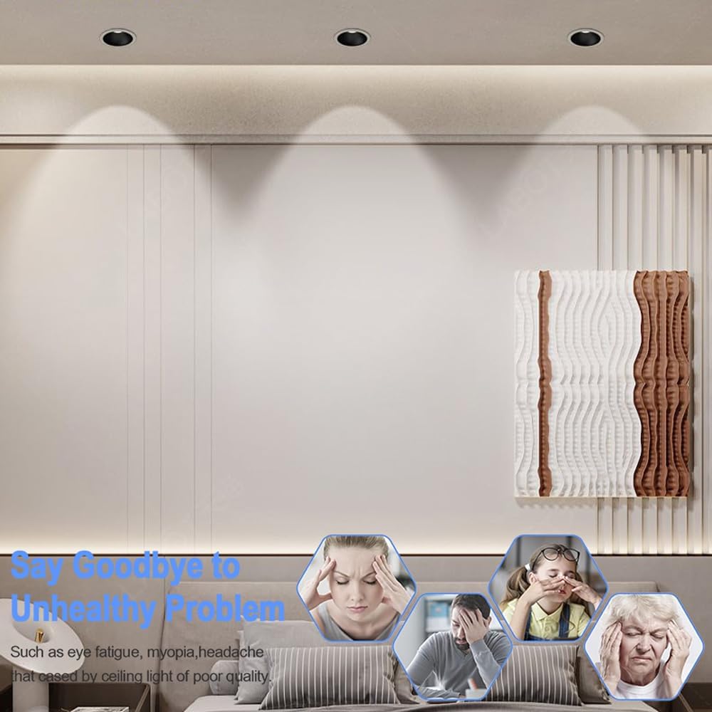 2 Pack Led Downlight Baffle Trim Adjustable Angle Daylight Retrofit Downlight 7W Recessed Lighting Eyeball Retrofit Spotlight Deep Anti-Glare COB Spotlights Led Can Lights