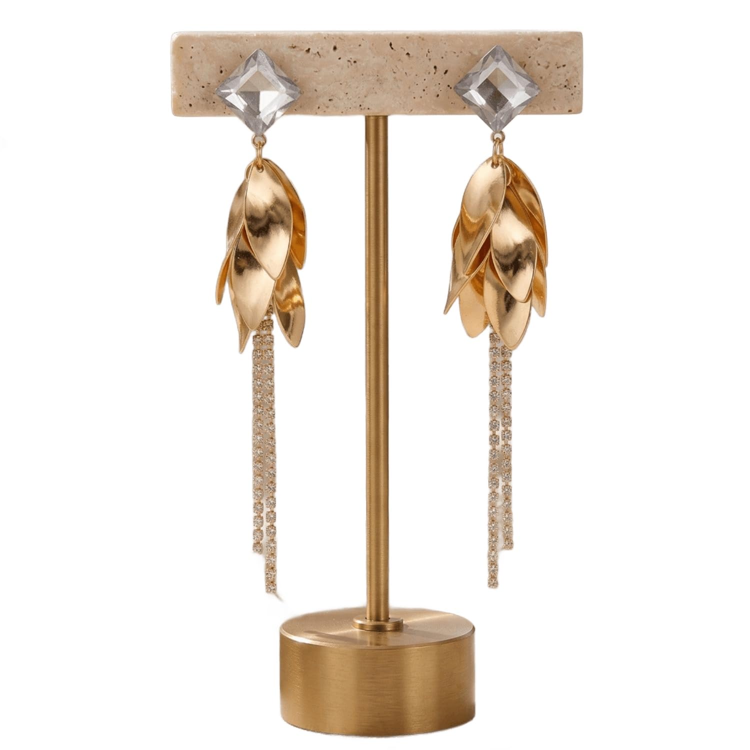 Golden Shimmer Leaf Tassels Earrings for Women | Elegant American Diamond Crystal Drop Earrings | Brass Gold Plated Long Leaf Dangle Jewelry for Parties and Weddings-image-20
