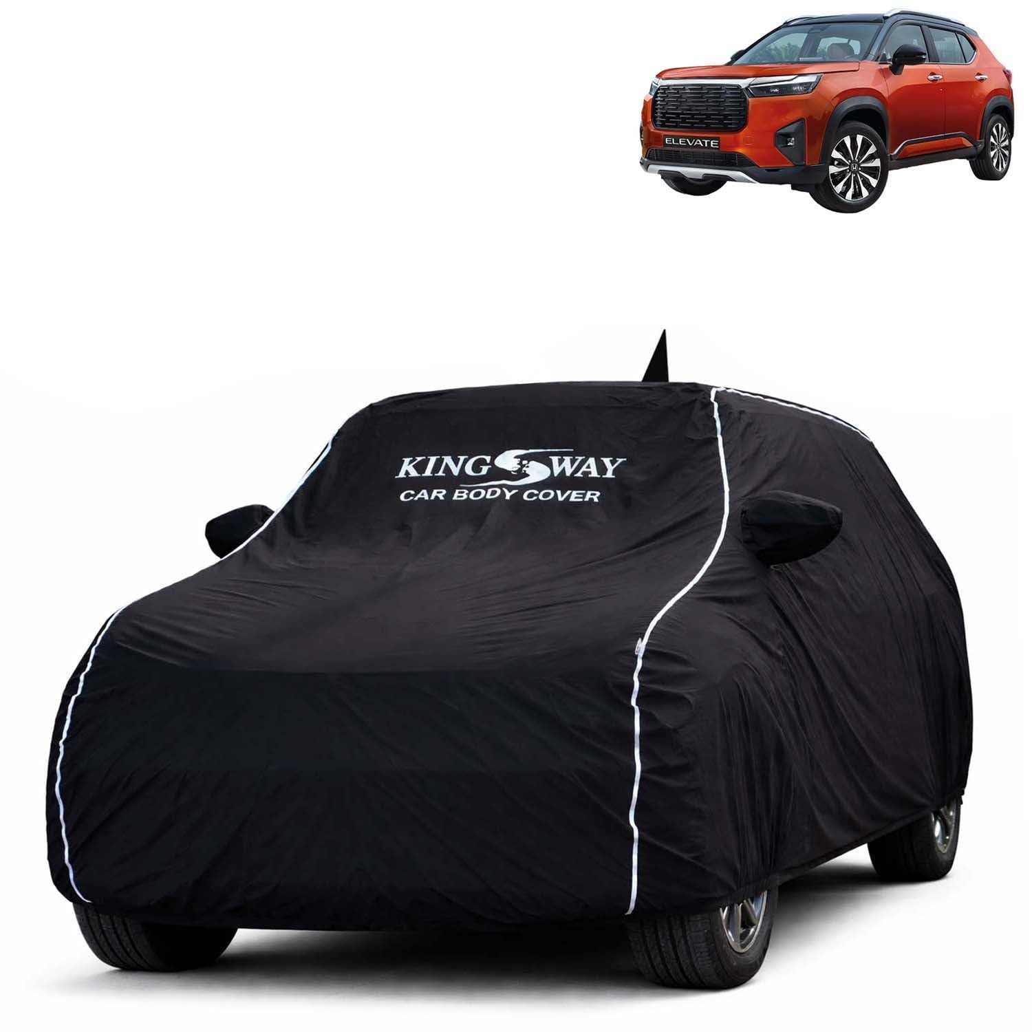 KINGSWAY Super Waterproof Car Cover Only with Honda Elevate (Year 2023 Onwards - All Model) | Mirror and Antenna Pockets | All Weather Car Body Cover with Silver Piping | Black-image-23