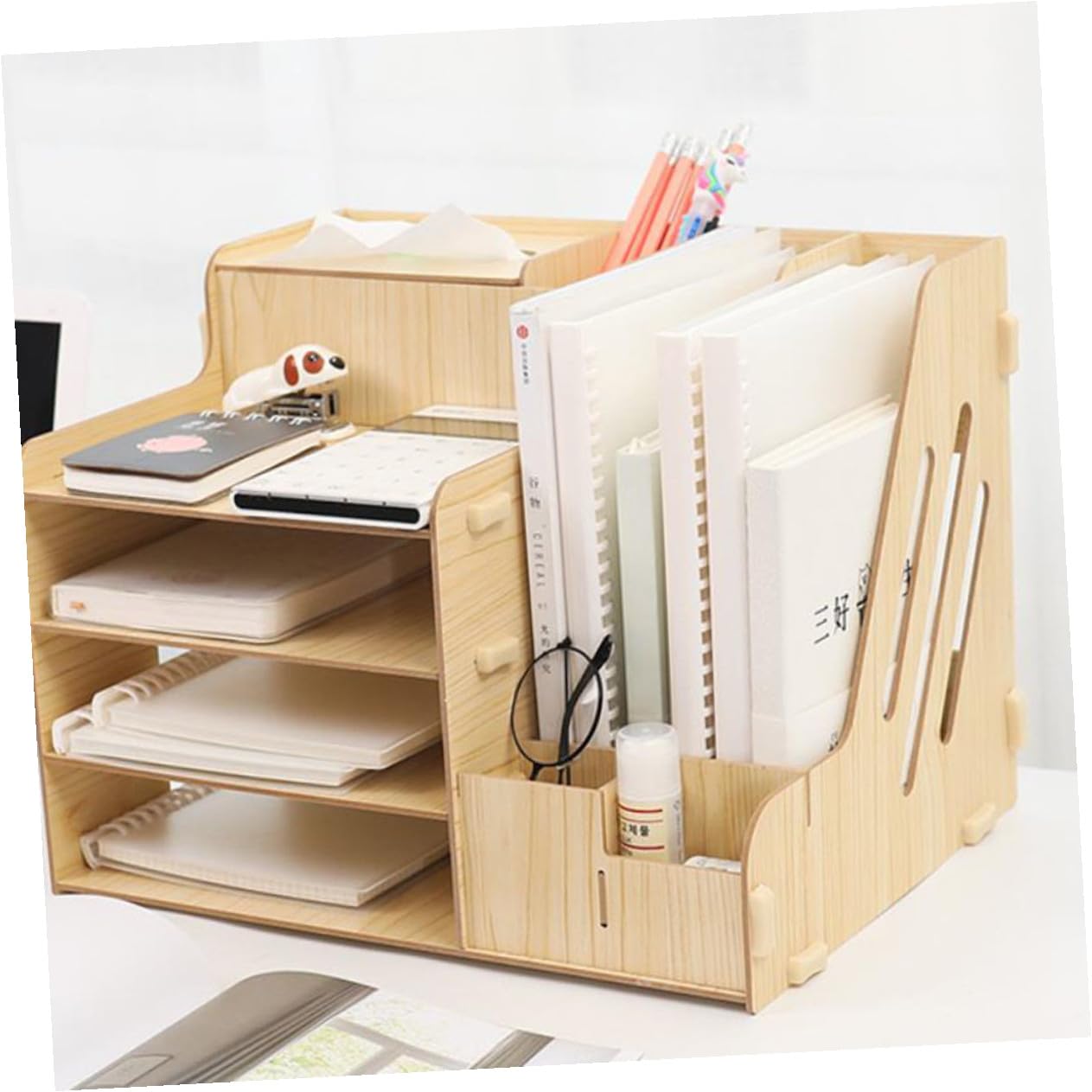 TEHAUX Organizador de Escritorio Diseño Grueso y Fuerte de Madera Compartimentos Múltiples Estante Multifuncional de Gran Capacidad para Almacenamiento de Archivos y Libros