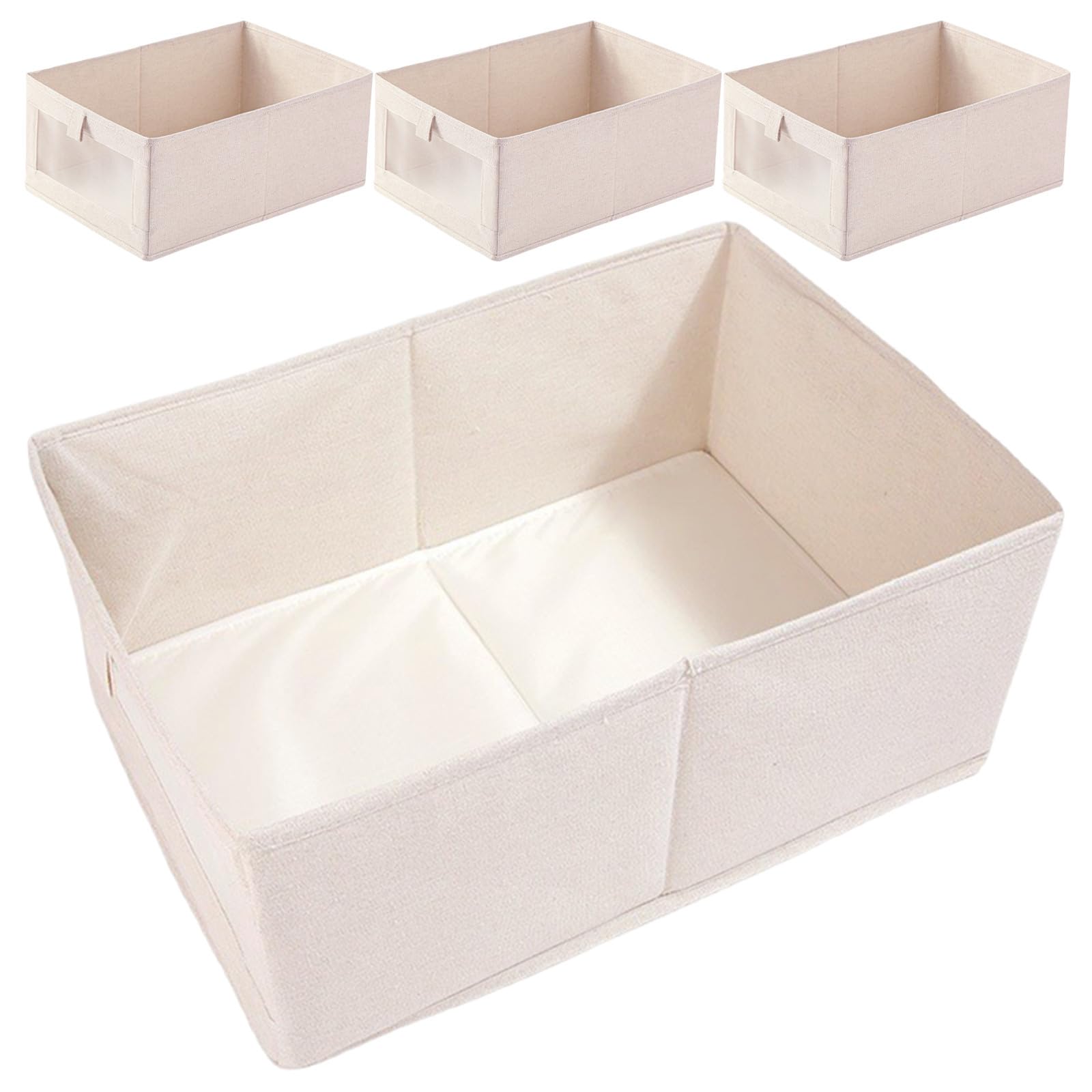 TOYANDONA 4 Piezas Caja de Almacenamiento Plegable Capacidad Grande Color Beige de Algodón y Lino con Ventana Transparente Resistente para Ropa y Edredones en Dormitorio o Armario