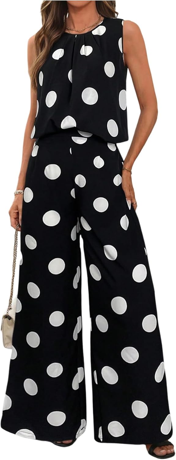 SOLY HUX Women's Polka Dots Two Piece Set Tank Top and Pants Summer Outfits Work Office Clothes