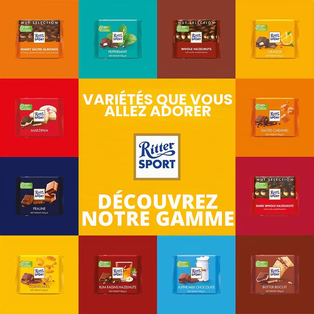 RITTER SPORT- Noir Noisettes Entières- Tablette 100 g, Chocolat Noir -A emporter partout-Boite de 10 tablettes