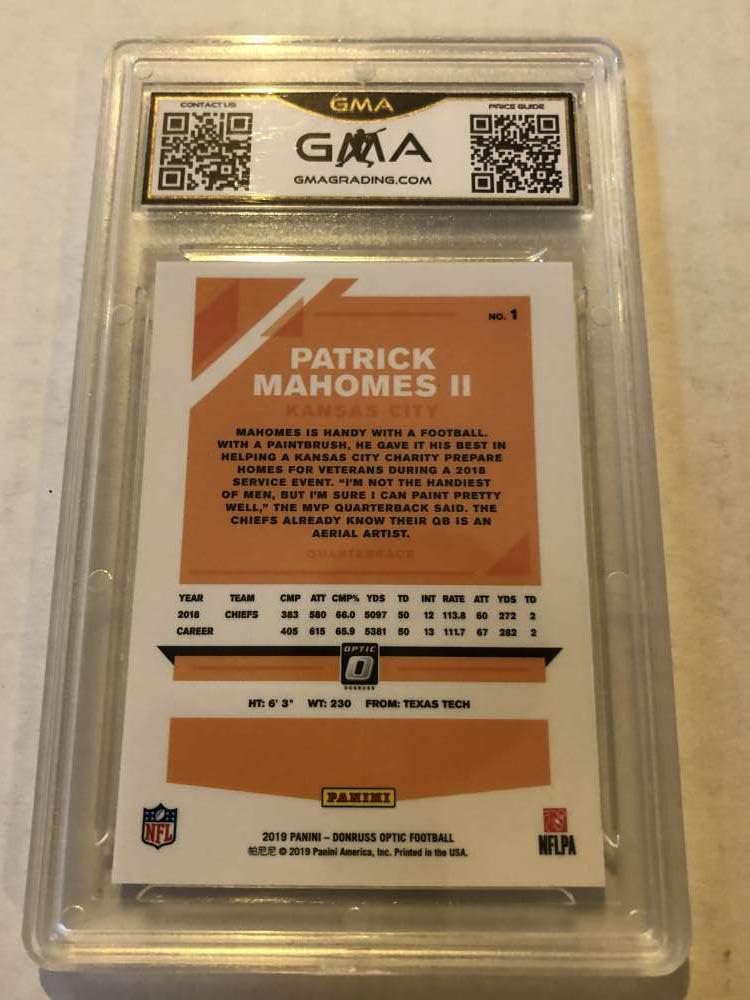 2019 Donruss Optic Football #1 Patrick Mahomes II Kansas City Chiefs Graded GEM MINT GMA 10 Official NFL Trading Card by Panini America (Serial Number May Vary)