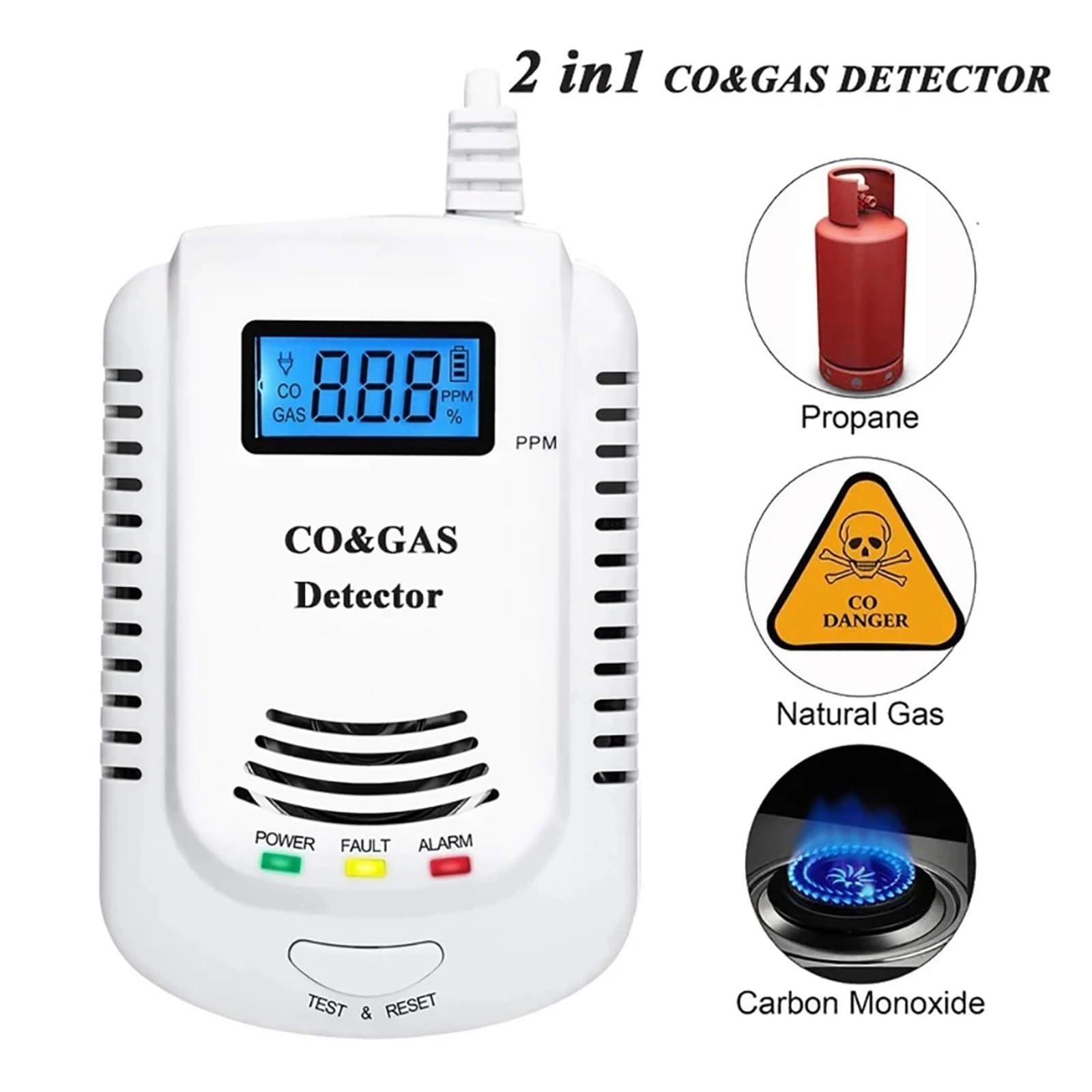 Gasdetektor, Erdgasdetektor Home Standalone Brennbares Gas Kohle Erdgas Leckalarmsensor Sprachwarnalarmsensor für Arbeit und Zuhause(Gas LCD)