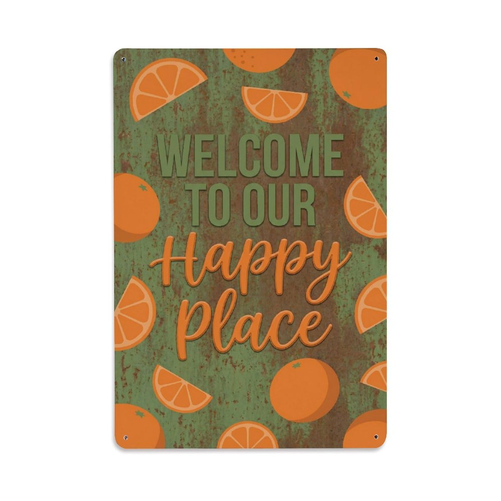 Okngb Style Titanium Gray Welcome Happy Place Floral Frame Motif Metal Tin Sign Plaque Wall Decor For Cafe, Man Cave, Club Bar, Office, Home Garden Round Metal Poster 8X12inch