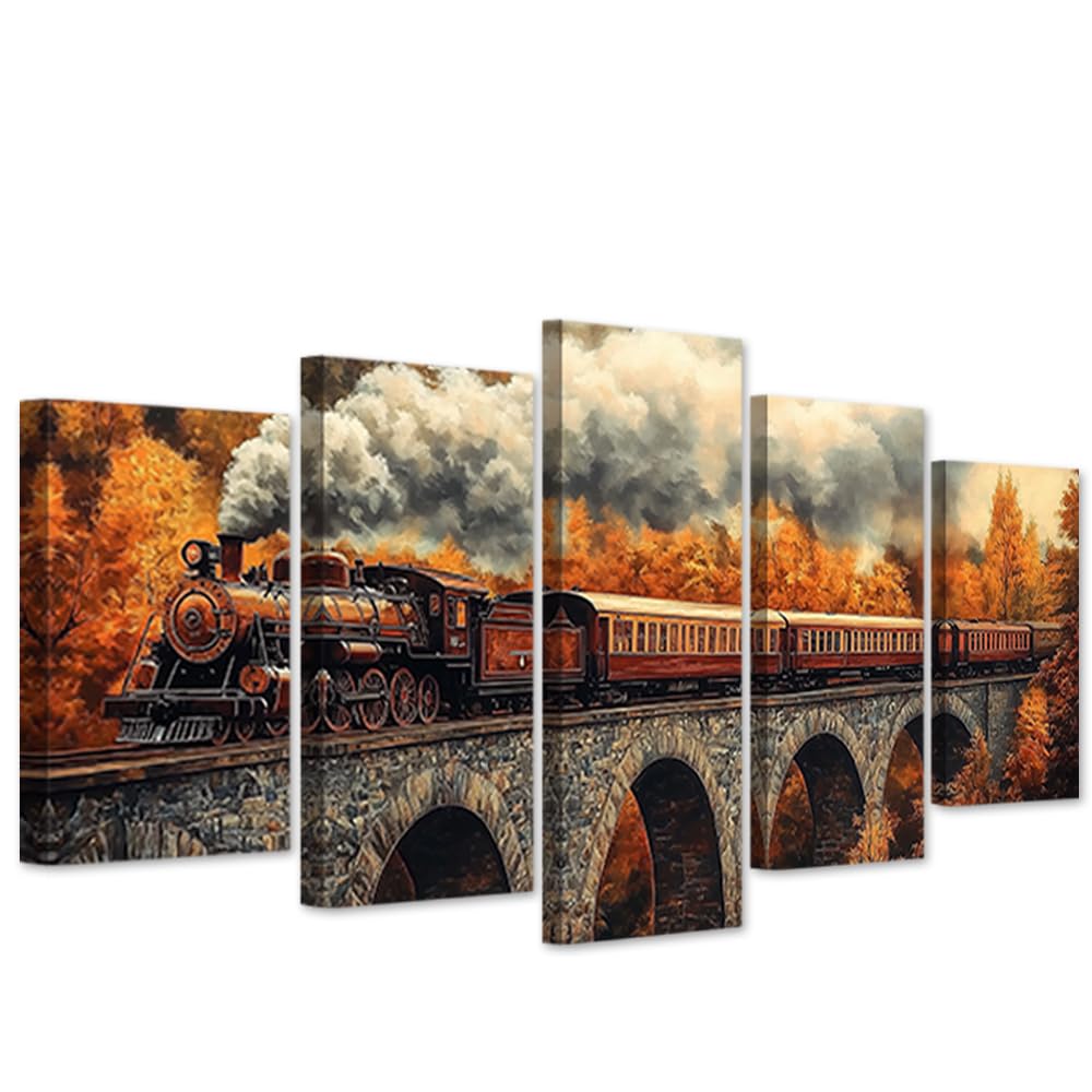 CXHOSTENT Steam Train Canvas Wall Art 5 Panels Old Train Decor Vintage Railway Posters Fall Forest Painting Print Rustic Landscape Pictures Living Room Decor Frame (20x35cmx2 20x45cmx2 20x55cmx1)