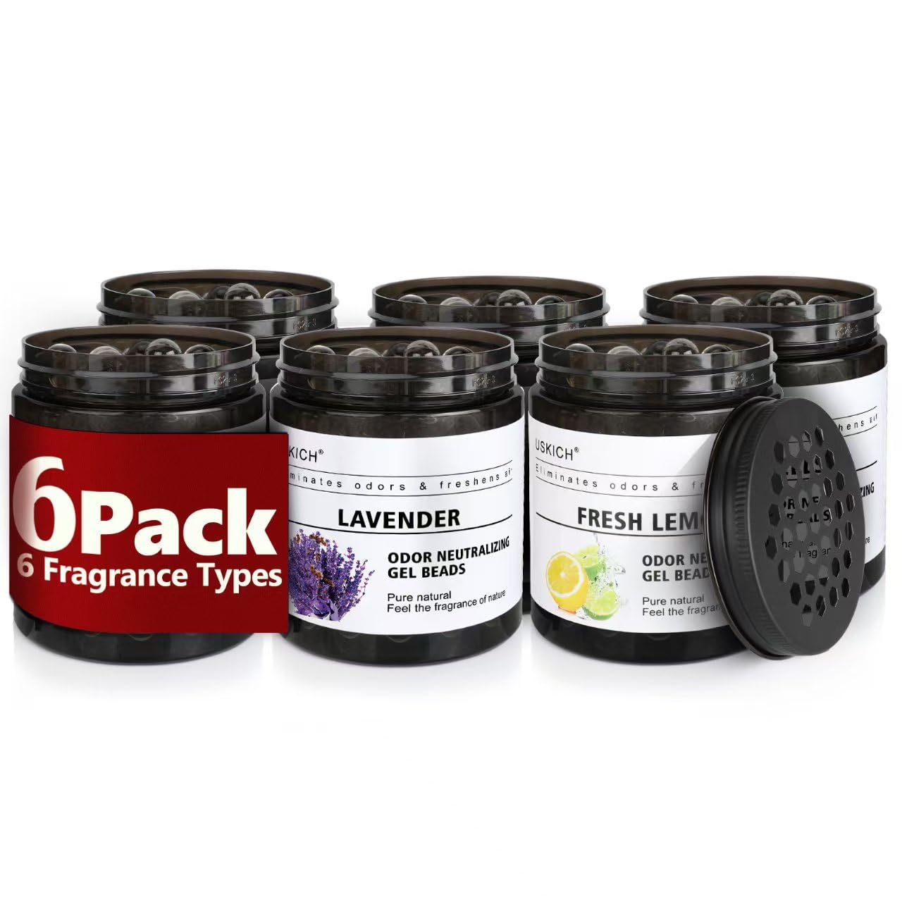 6 Pack Odor Eliminator Gel Beads, 6 kinds of fragrance Clear Air Freshener Made with Essential Oils - Eliminates Odors in Bathrooms, Cars, Boats, RVs &amp; Pet Areas