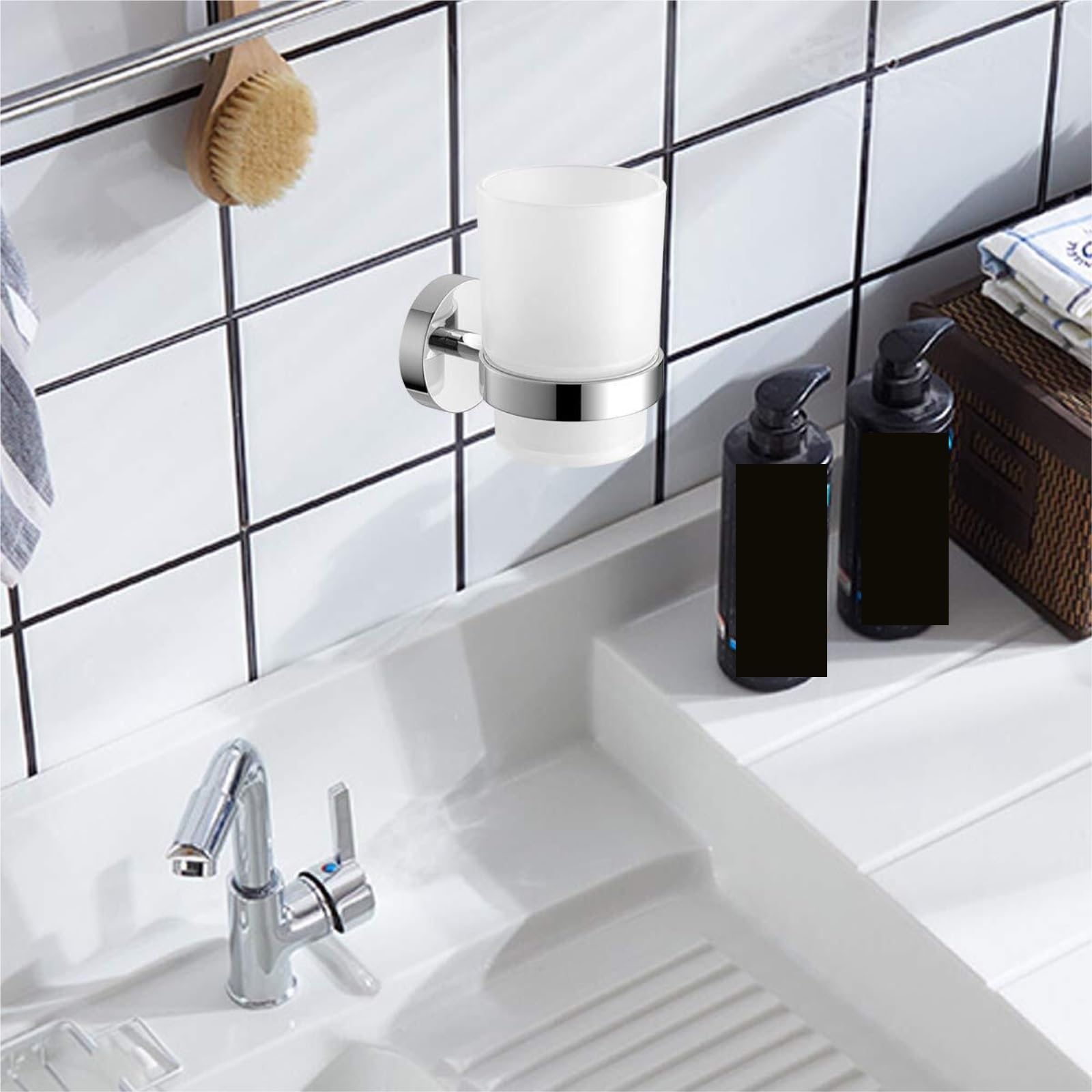 Porta Cepillo Dientes Baño Soporte For Cepillo De Dientes Pared con Vaso Satinado Metal Acero Inoxidable Hogar Y Cocina(Blue,Silver)