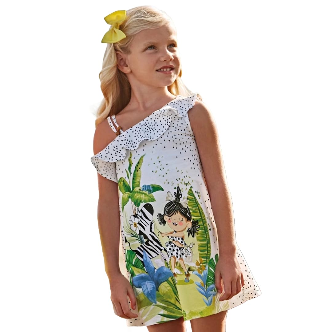 Generico Vestito Estivo Bambina 3-9 Anni con Spallina Singola – Abito Asimmetrico a Pois con Volant e Stampa Tropicale di Foglie e Personaggio su Fondo Bianco, 3935