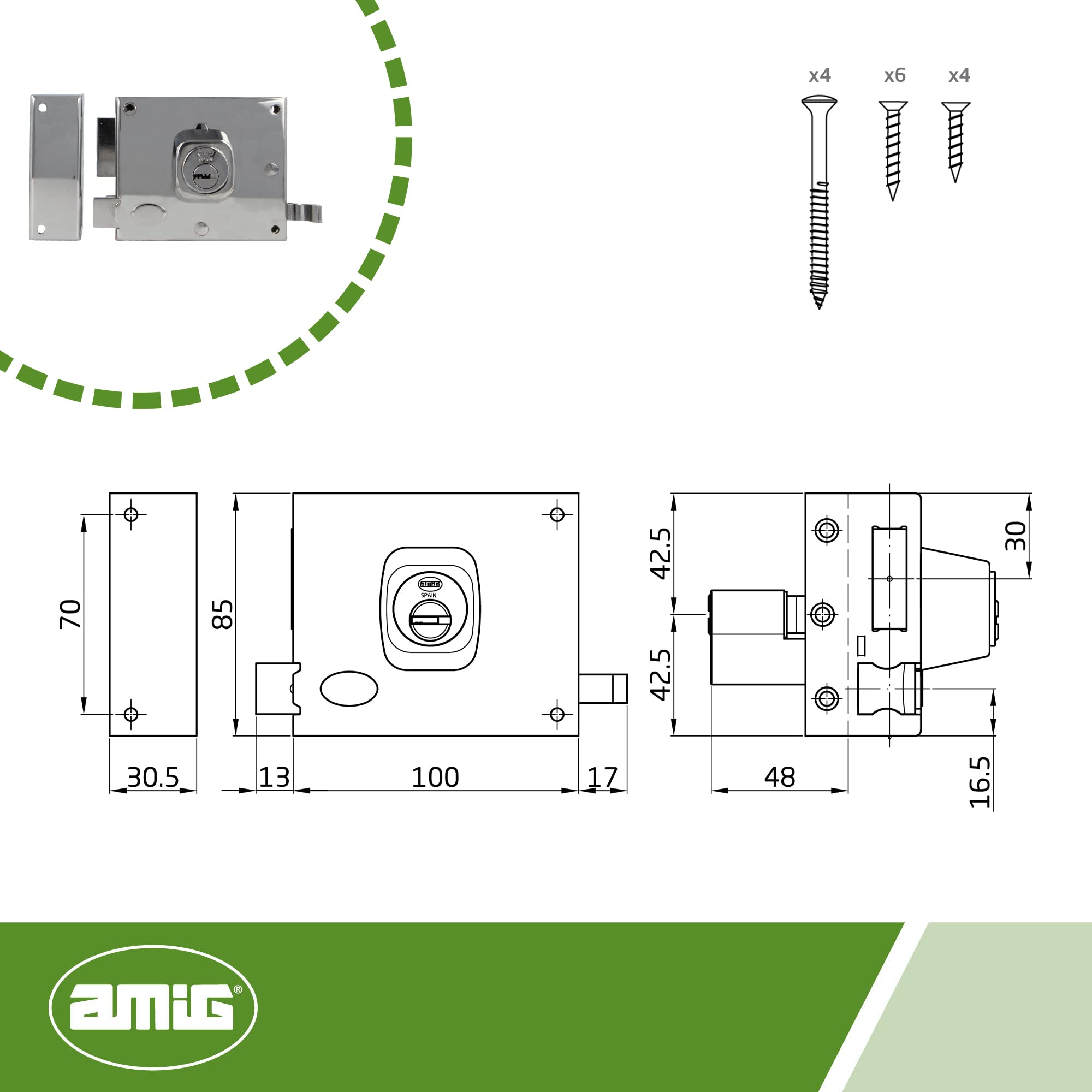 Amig - Aufschraubschloss DIN links mit Schließhebel, Falle und Ziehgriff für Holztüren Mod. 73-100 x 85 mm - Riegel mit Europrofilzylinder - Stahl silberfarben