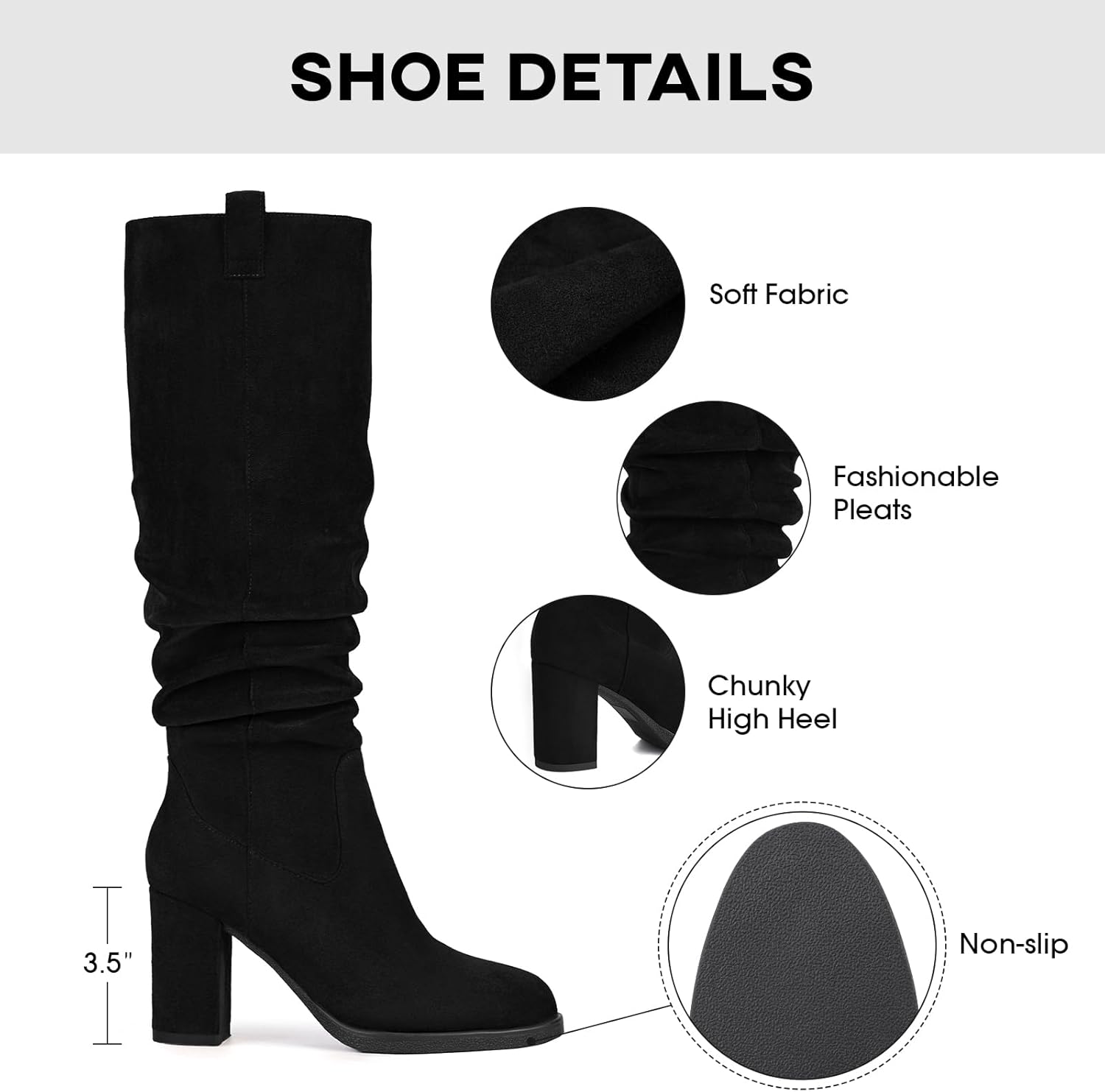 Suede Knee High Boots for Women - Tall Chunky High Heel Dress Boot with Side Zipper, Round Toe Ruched Slouch Block Long Boots for Ladies, Stylish Fall Boot for Work, Party & Everyday Wear - Image 4