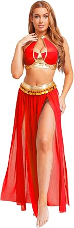Womens 2pcs Belly Dance Outfit Halter Crop Top with Split Mesh Skirt for Halloween Party