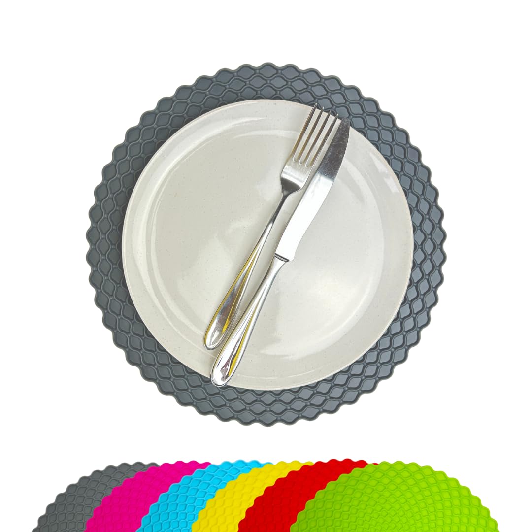 Stone & Thyme Multicoloured Silicone Placemats Set of 6 – 29 x 29cm. Waterproof & Non-Slip Dining Table Mats, Heat Resistant, Easy-Clean Reusable Food-Grade Silicone Placemats for Family Meals.