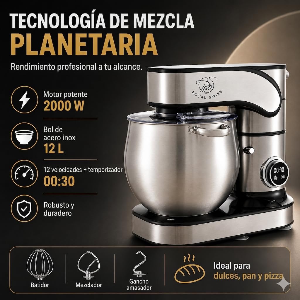 Royal Swiss Robot Pastelero Profesional 12L 2000W Mezcla Planetaria, Pantalla LED Táctil, 12 Velocidades, Cuenco Inox, Tapa Antisalpicaduras Gancho, Batidor, Batidora Multifunción