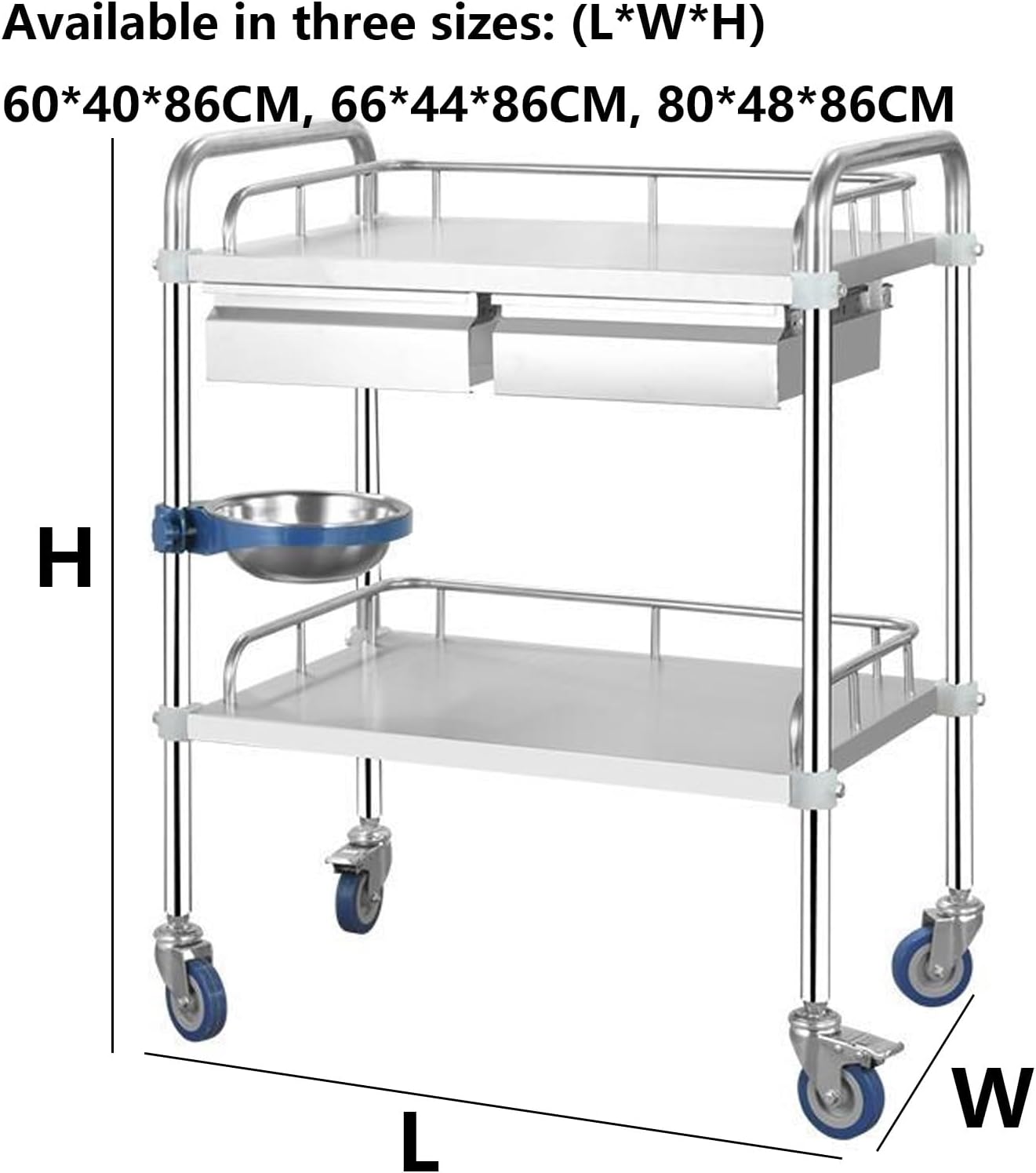 2/3-Layer Lab Medical Cart Stainless Steel Trolley with 2 Drawers Rolling Beauty Utility Trolley Cart Equipment for Lab Hospital Clinics Beauty Salons (2 Layer 66 * 44 * 86cm)