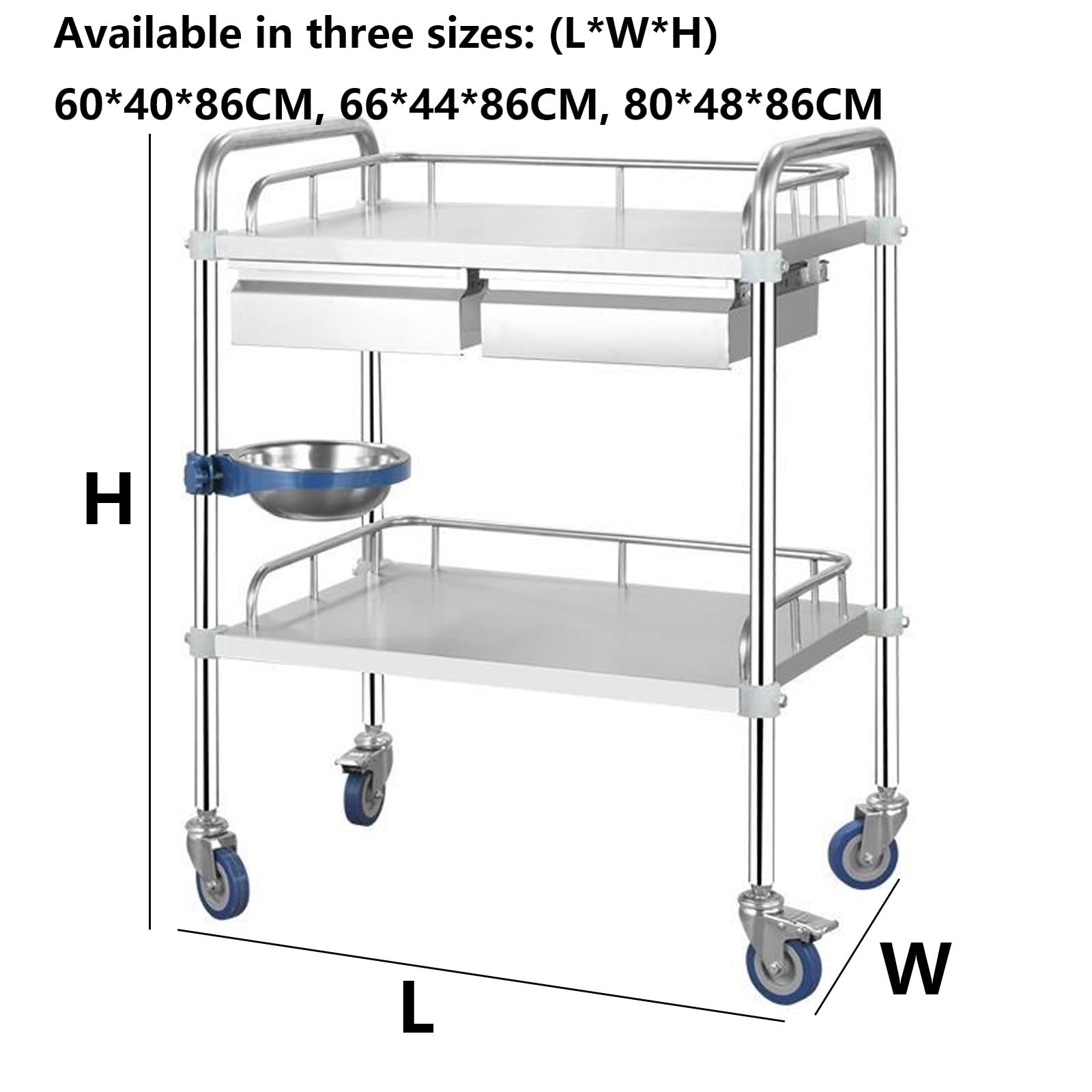 Carrello medico da laboratorio a 2/3 strati, in acciaio inox, con 2 cassetti, carrello di bellezza per laboratorio, cliniche ospedaliere, saloni di bellezza, 2 strati, 66 x 44 x 86 cm