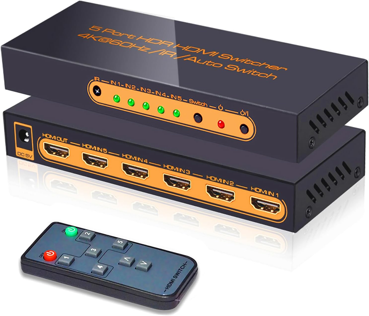 SkycropHD 4K@60Hz 5 Port HDMI Switch with Remote, Premium 5 in 1 Out 4Kx2K HDMI Auto Switcher, Support HDR10, Dolby Vision, Dolby Atmos, HDCP2.2 and CEC