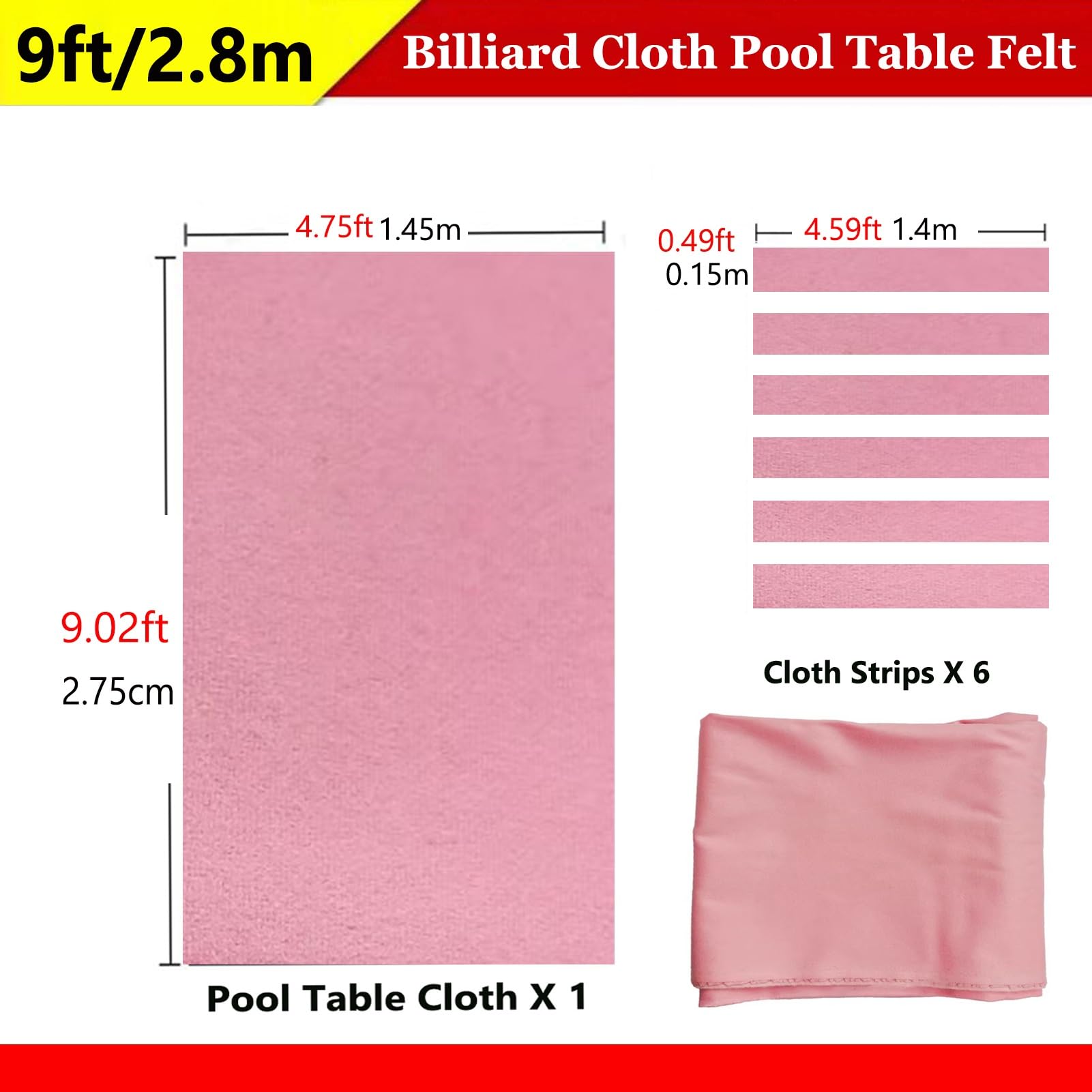 Fieltro para Mesa de Billar Americana de Nueve Bolas, Tela Precortada Rosa con 6 Tiras