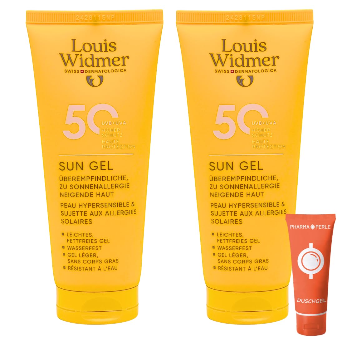 Louis Widmer Sun Gel 50, 2x 100 ml I leichte, fettfreie Gel-Creme I wasserfest I für überempfindliche, zu Sonnenallergie neigende Haut I hoher UV-Schutz I Spar-Set plus Pharma Perle give-away
