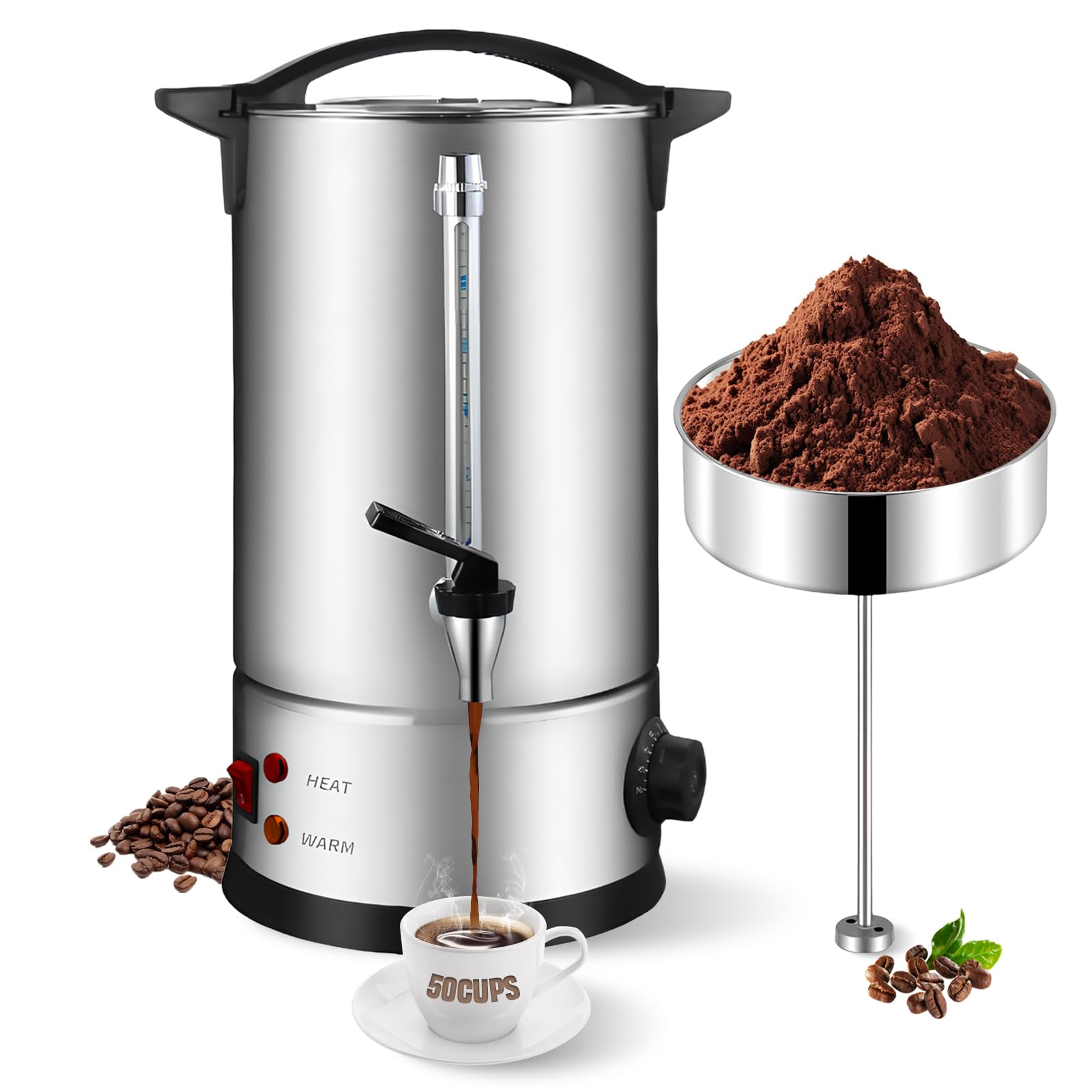 Bostar Kaffeemaschine mit Rundfilter 8L, 50 Tassen Edelstahl Filterkaffeemaschinen Kaffee Maschine Brüh- & Warmhaltefunktion mit Intelligente Temperaturregelung/Füllstandsanzeige für Büro Partys Tee