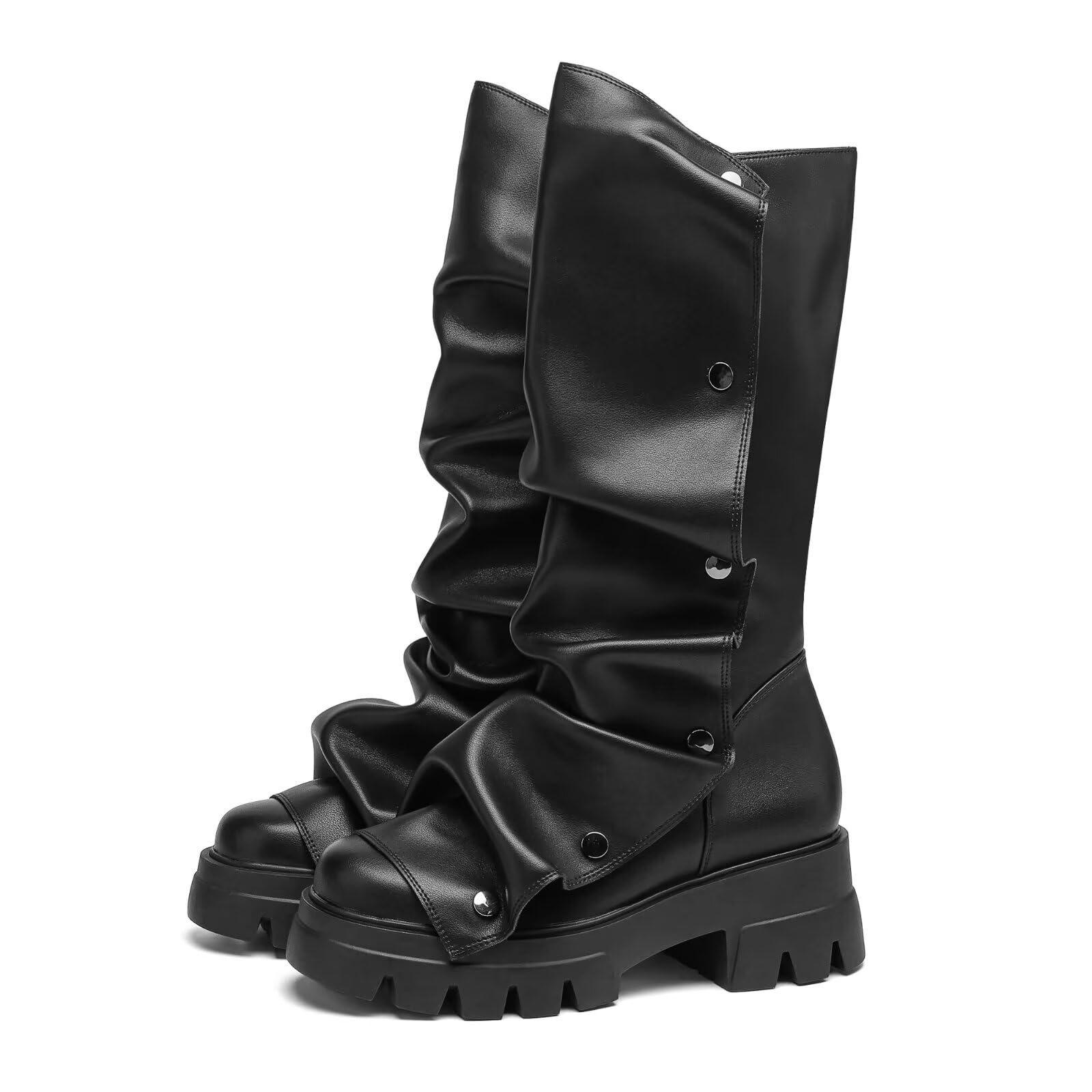 Mid Calf Boots for Women Fold Over Round Toe Chunky Sole
