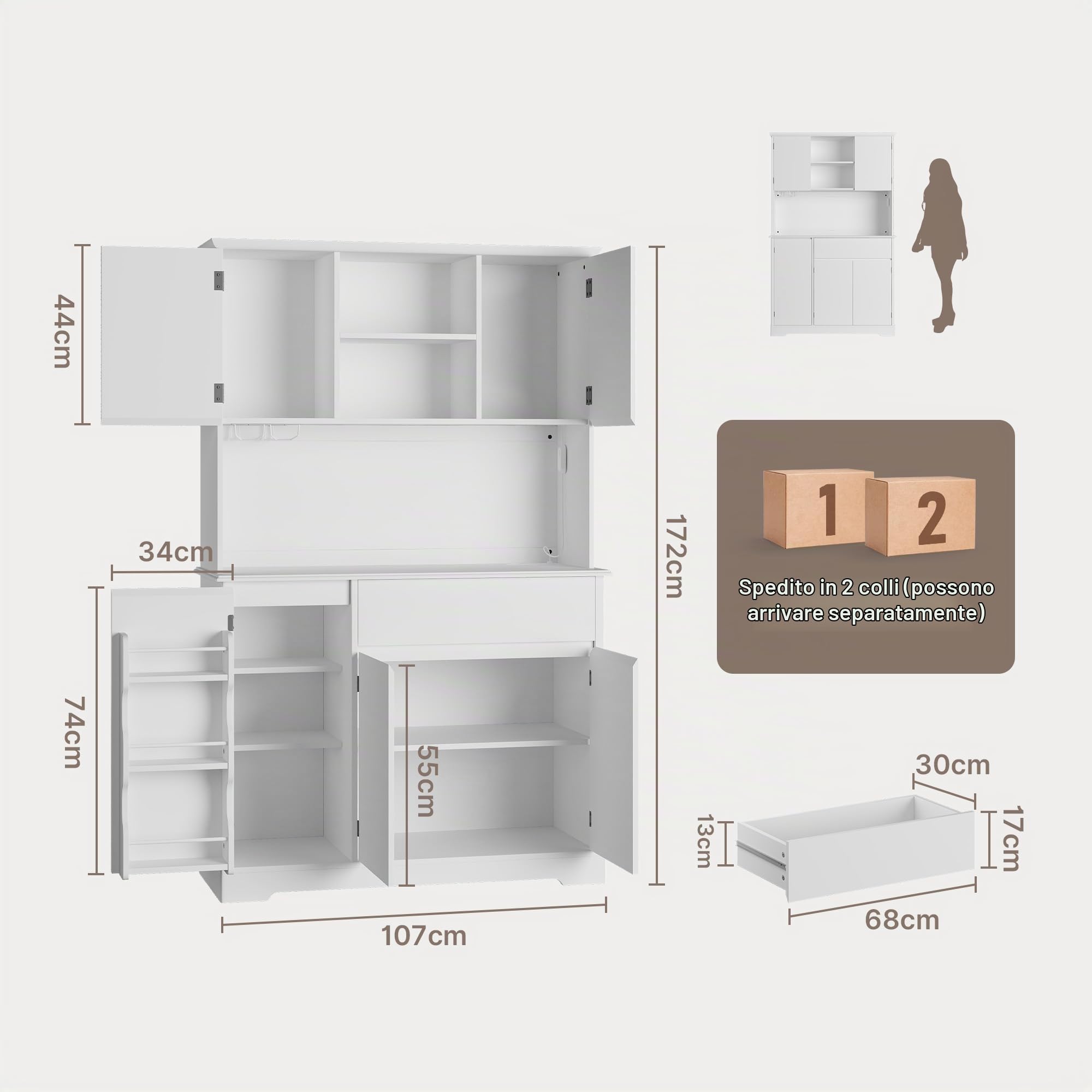 Xbro Credenza Cucina LED con Presa, Dispensa Vano Microonde 107x40x172cm
