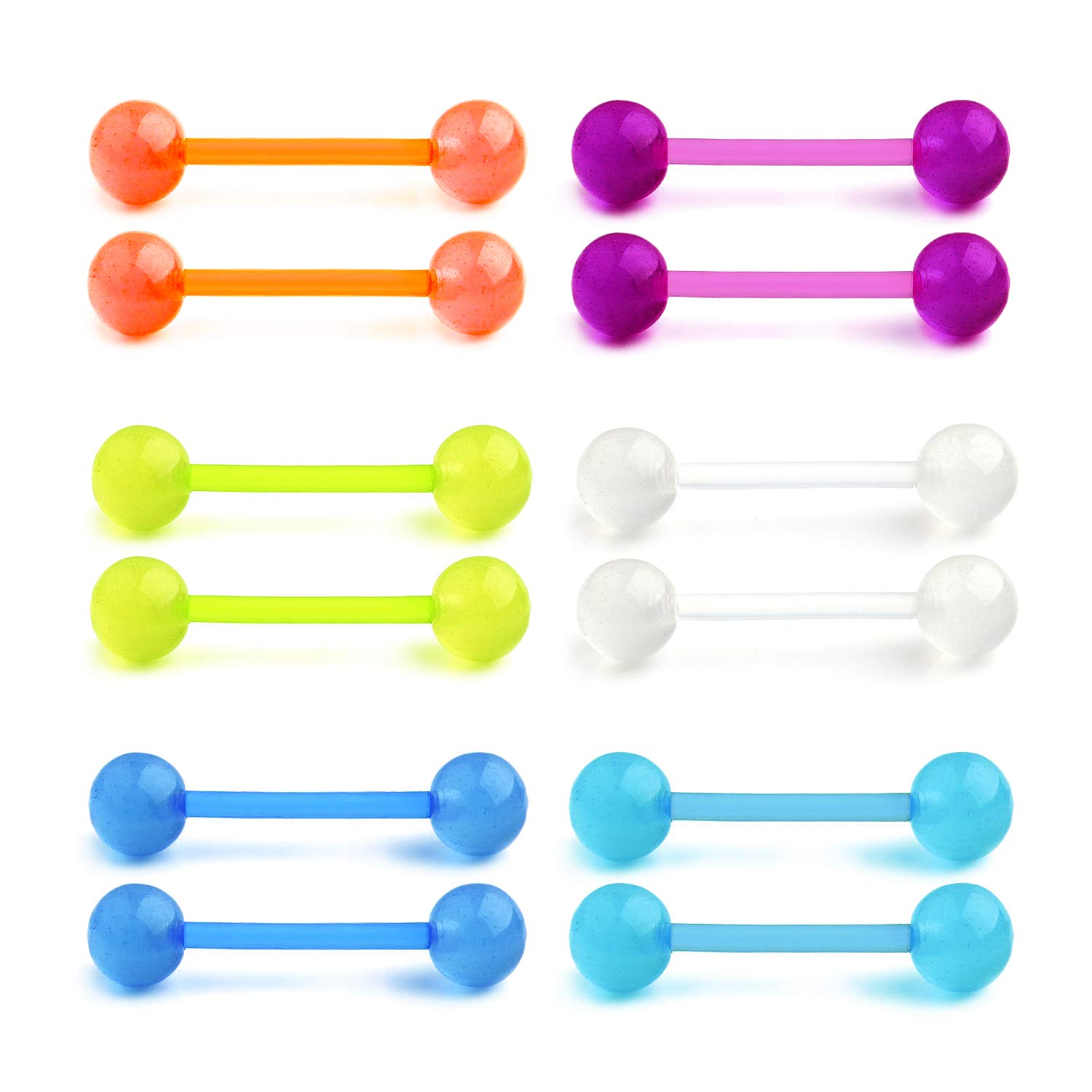 Funseedrr6 Pairs 14G Plastic Tongue Nipple Barbell Bar Ring Glow in The Dark 12/14/16/18mm Bioflex Flexible Piercing