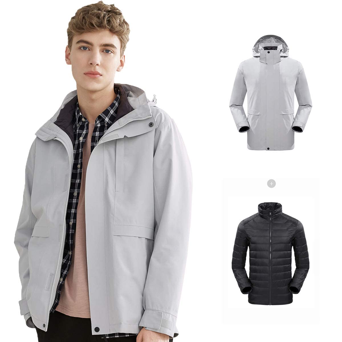 MU Chaqueta de Esquí a Prueba de Agua de Los Hombres 3 en 1 - Chaqueta de Pato Hacia Abajo - Abrigo de Nieve a Prueba de Viento a Prueba de Viento - Chaquetas de Snowboard -Thingbreaker Ropa/Grey/M