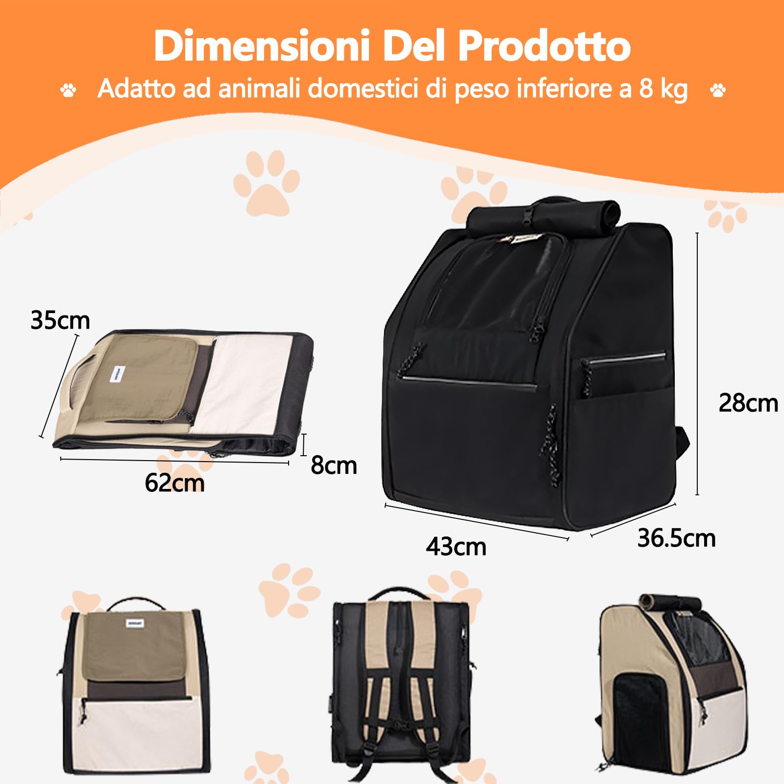 Galatée Zaino Per Animali Domestici Realizzato In Tessuto Oxford e Nylon, Spazioso e Traspirante, Impermeabile e Antigraffio, Design 3d Per Evitare Il Collasso, Pieghevole Con Doppia Porta (Nero)