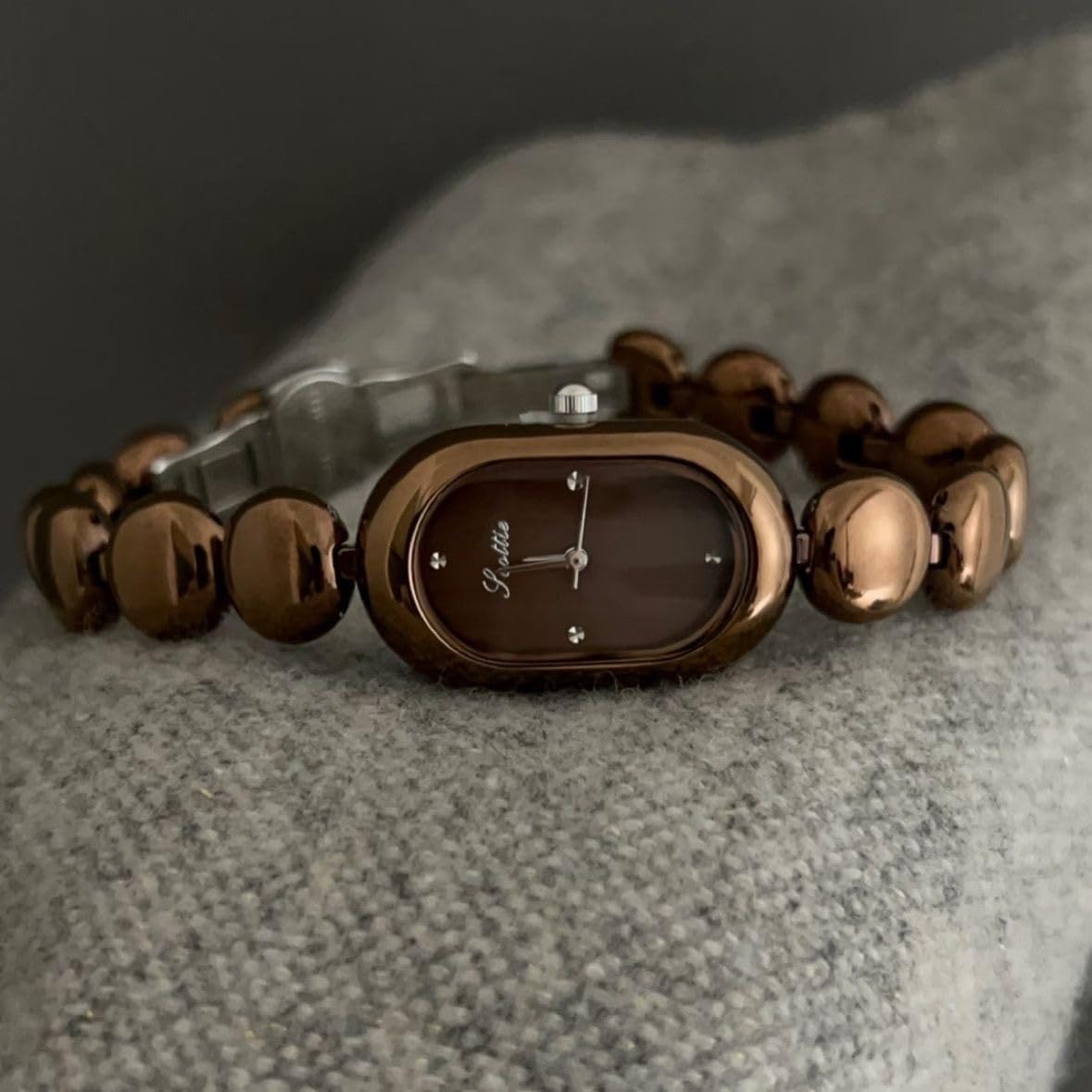 CARLIEN Women's Petite Dainty Oval Analog Quartz Watches Beaded Bracelet Band Water Resistant Wristwatch for Women Gold Silver Brown