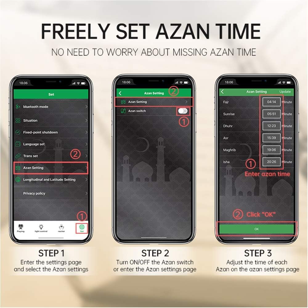 Screenshot of the app showing 'Azan Setting' for adjusting prayer times