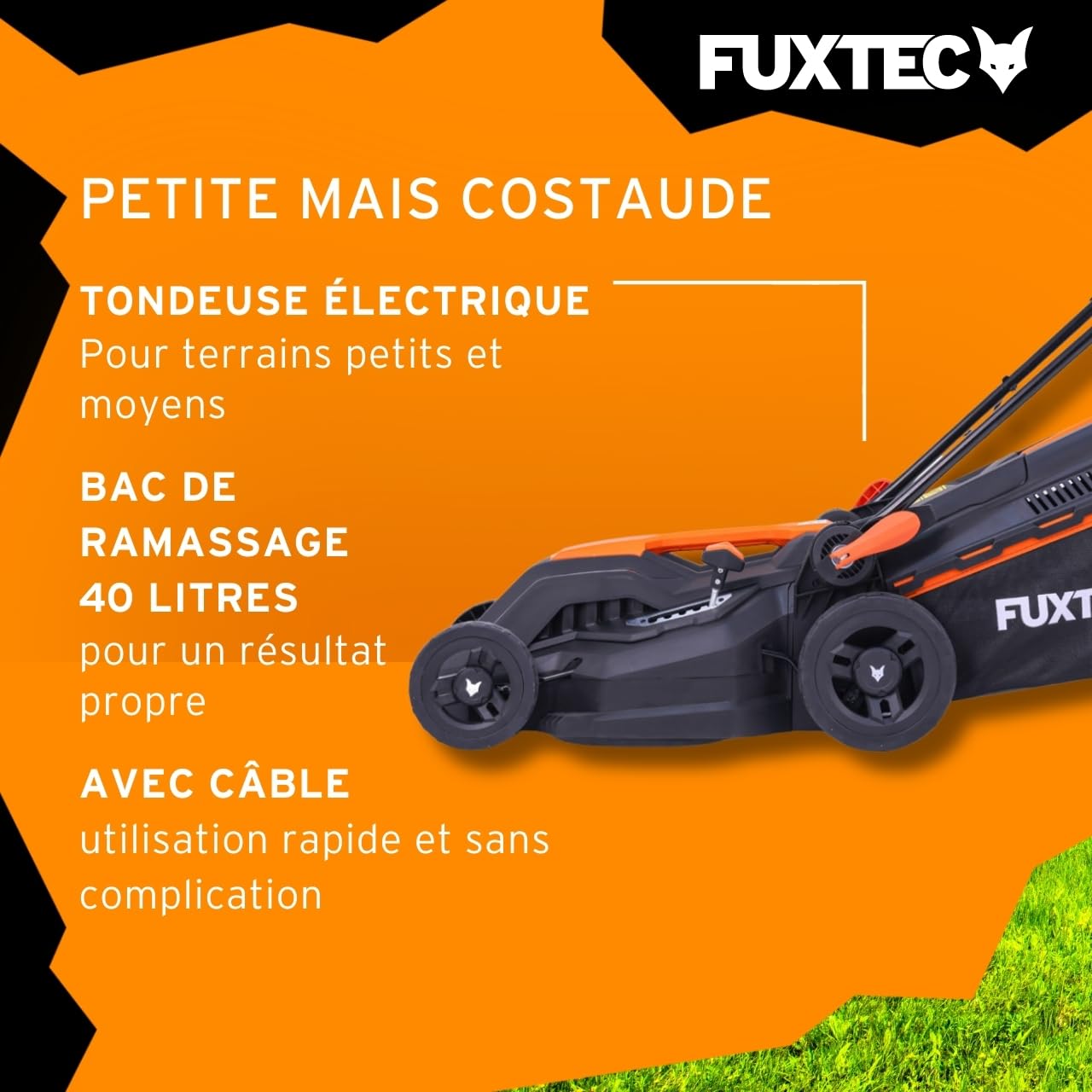 FUXTEC Tondeuse à Gazon Électrique Filaire Poussée FX-RME38 12Kg, Largeur De Coupe 38cm, Bac De Ramassage 40L, Hauteur De Coupe 20mm - 70mm, 1600Watt - 220V